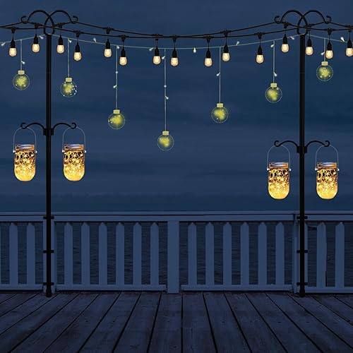 Miniatura 5 de Paquete de 2 postes de luz de 110 pulgadas de altura ajustable con ganchos para colgar luces de cadena, jardín, patio, soporte de iluminación de