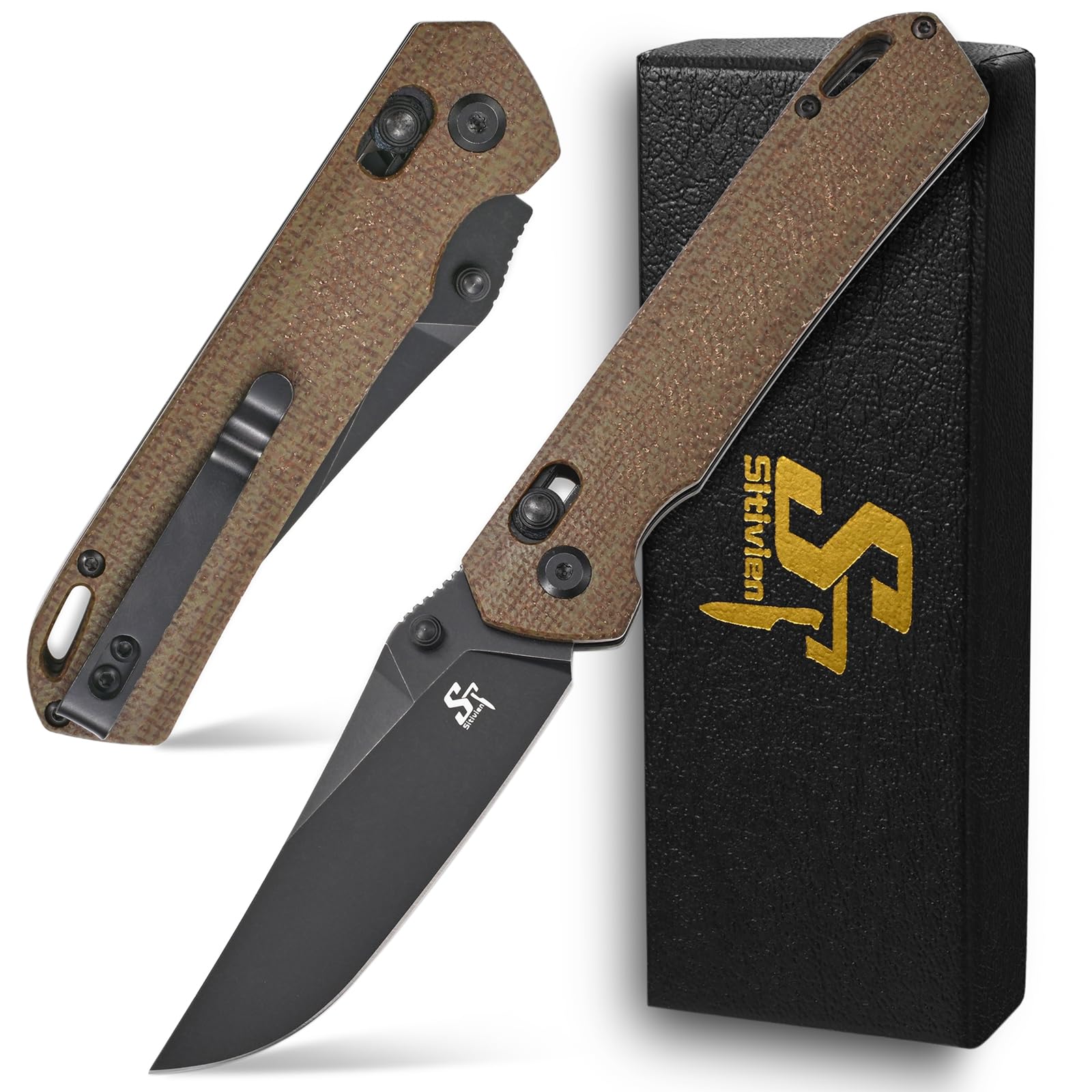 SitivienST124 Folding Pocket Knife, D2 Steel+Micarta Handle,Ball Bearing Pivot, Axis lock with Pocket Clip for Camping,Outdoor EDC Knife Tool-Green