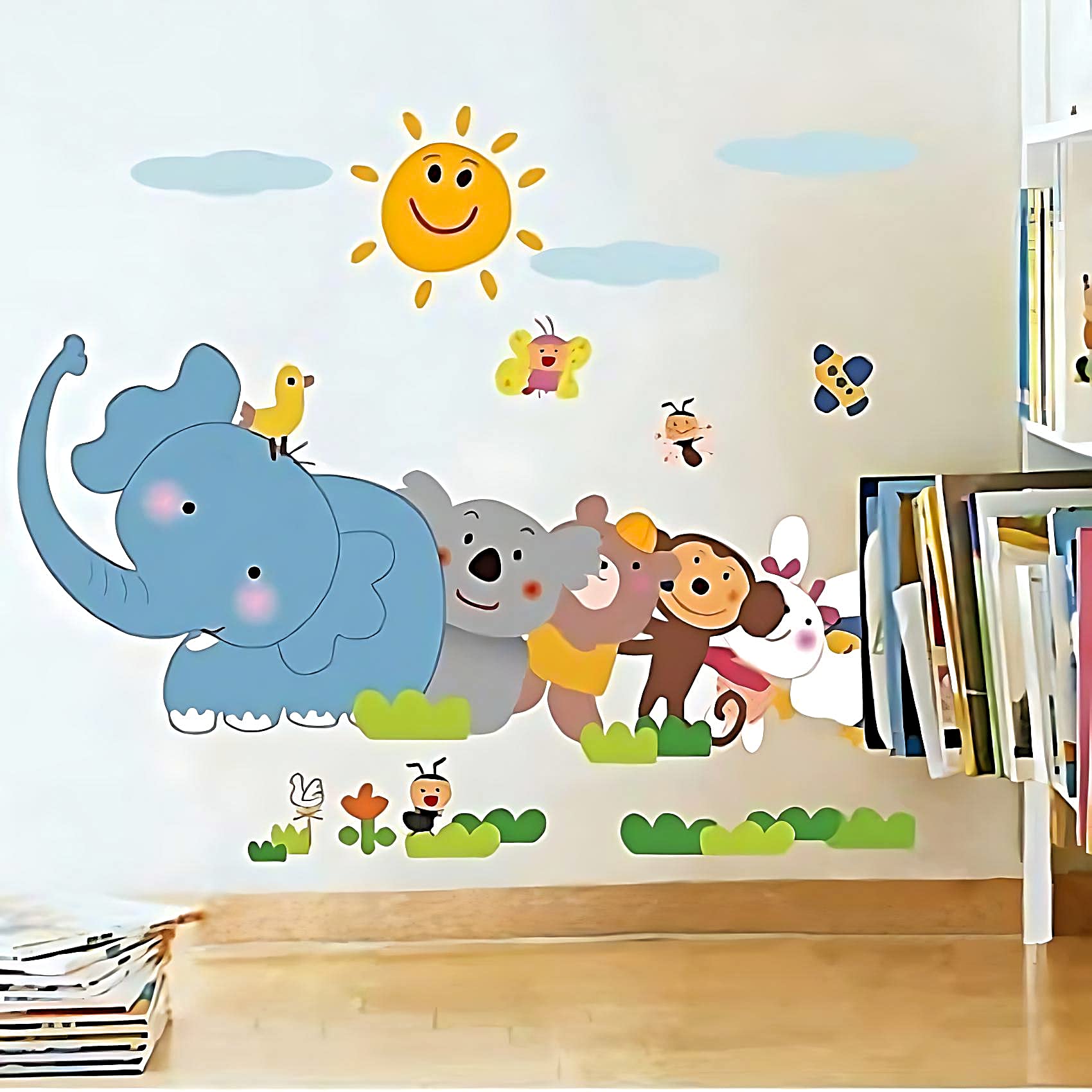 Jaamso Royals 'Cartoon Animals Elephants Coconut Trees' Wall Sticker (45 CM X 60 CM), Vinyl