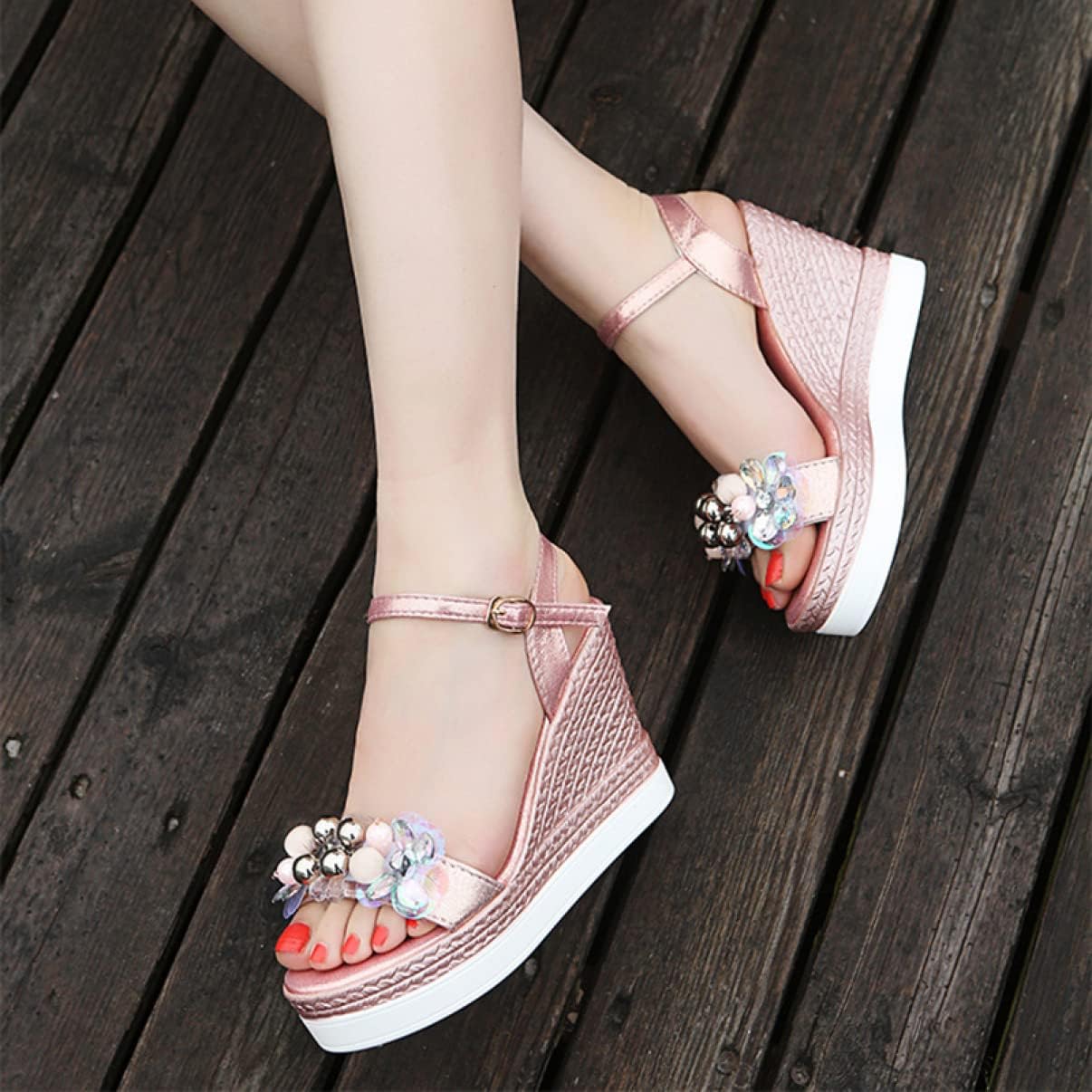 [イノヤ] ウェッジソール 厚底サンダル レディース ハイヒール サンダル 美脚 ラインストーン キラキラ ストラップ サンダル ワ