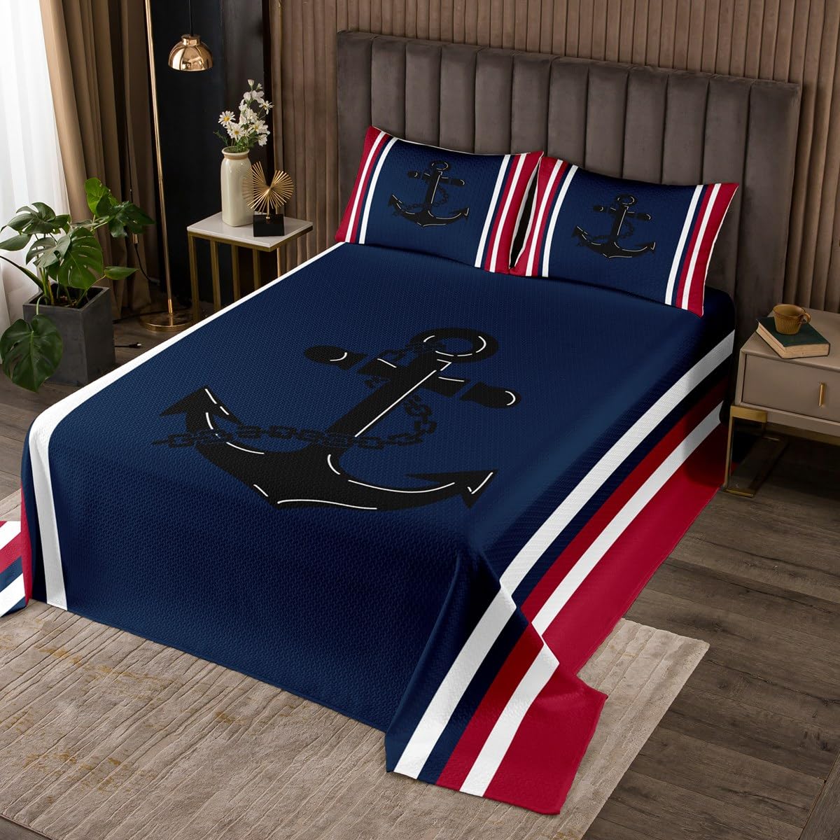 Couvre-lit nautique Anchor pour lit king size, style maison au lac