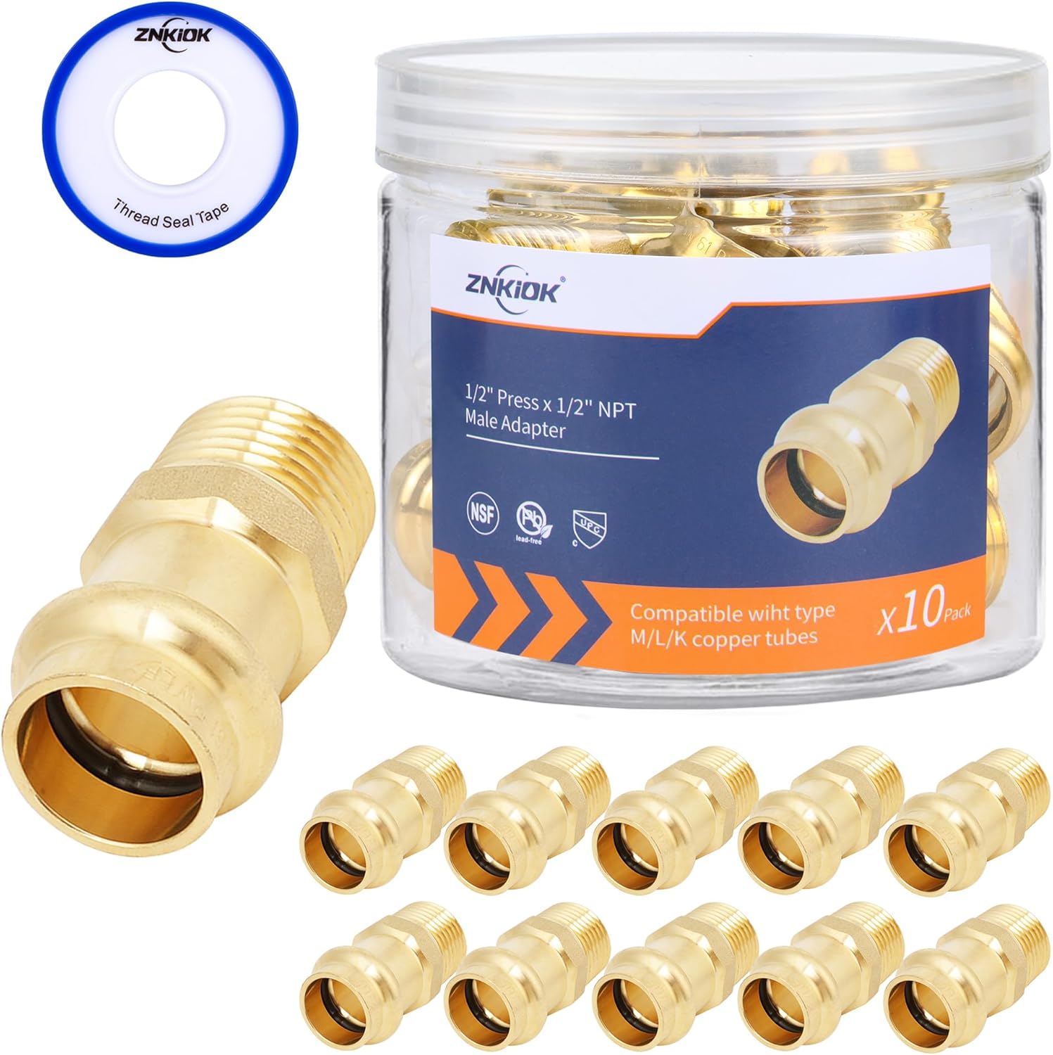 (Znkiok 10 Pack) Press Fittings,1/2"Press x 1/2" NPT Female Adapter With EPDM O-Ring For Copper Pipe And NPT-Pipe Connections, Leaking Before Press,Lead-Free Brass.