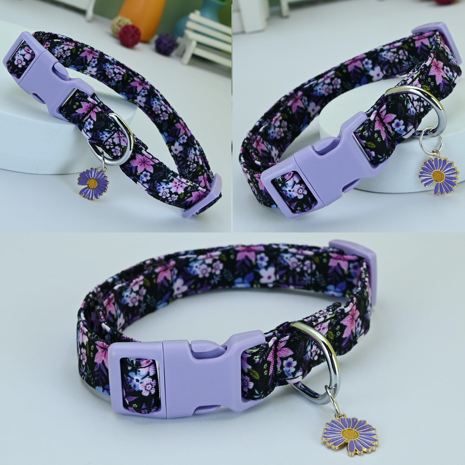 Newtensina Fashion 2 Pieces Flower Pattern Dog Collar with a Petal Pendant for Medium Dogs Large Dogs - PurpleRoseo - L - Image 2