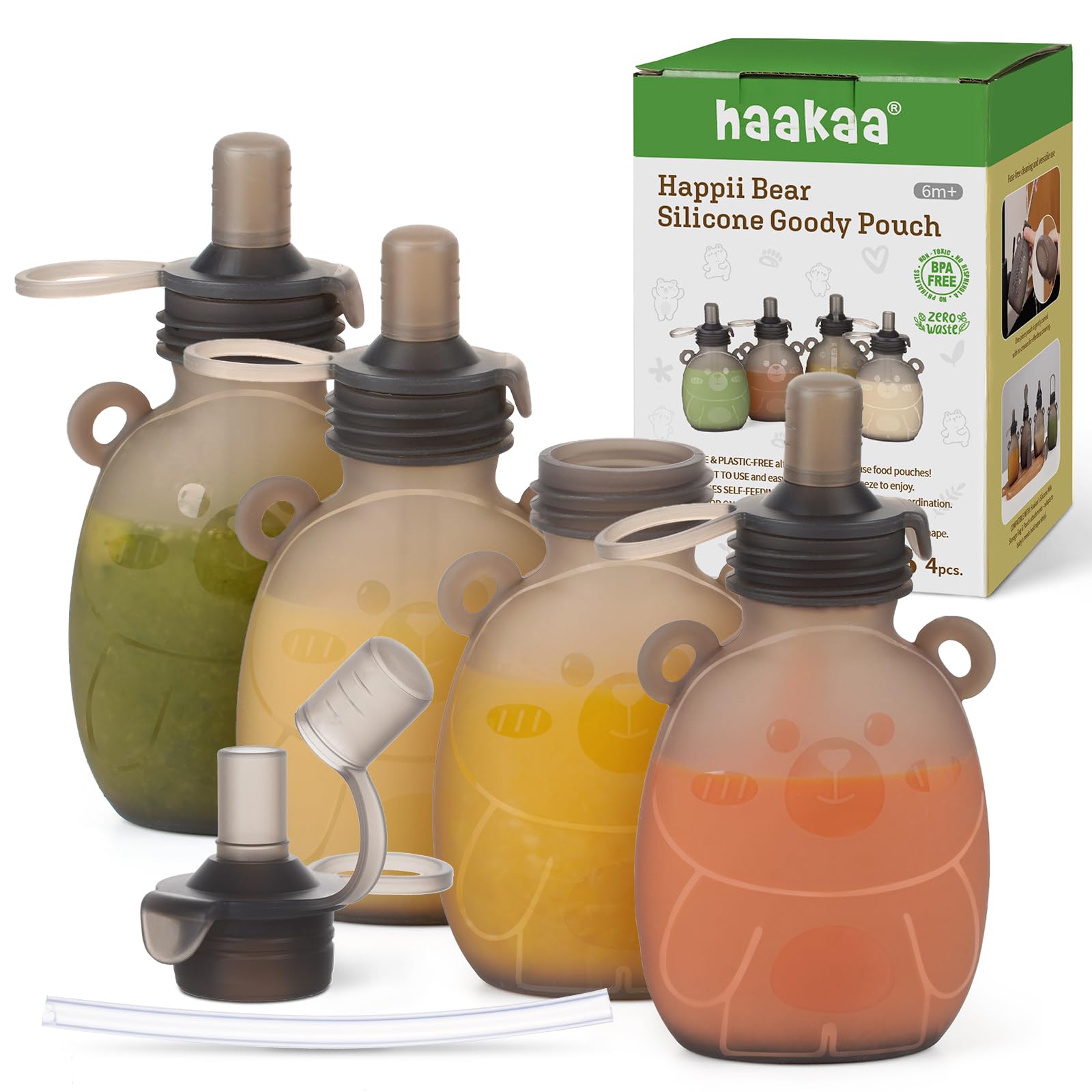 Haakaa Sac à Squeeze en Silicone, Pochette Réutilisable pour Aliments pour Bébés Faits Maison, Purées Biologiques, Jus, Smoothies et Yaourts - Parfait pour Bébés et Tout-Petits - Paquet de 4, 6 Onces.