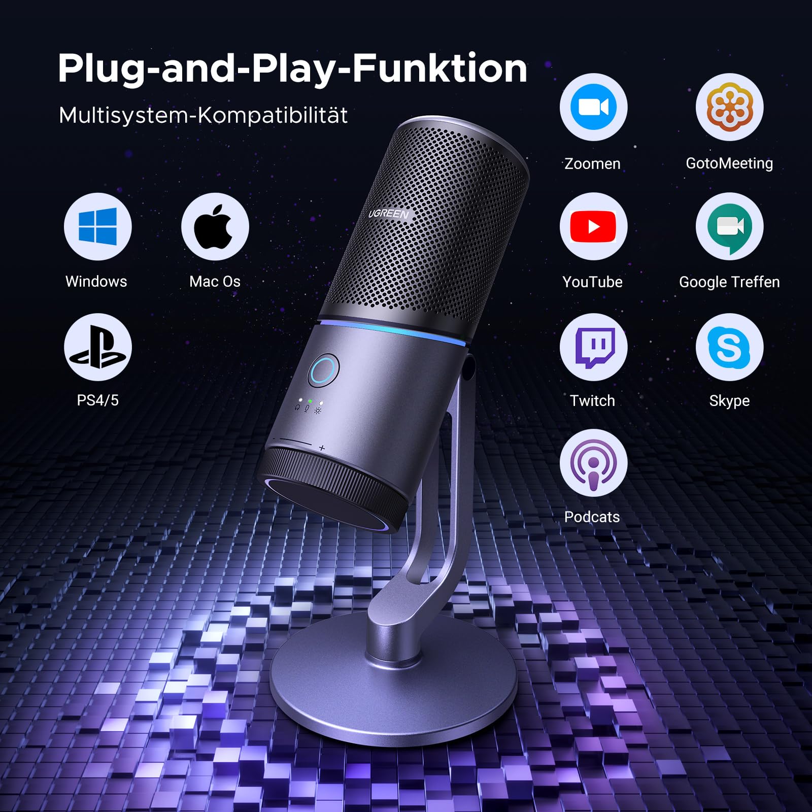 UGREEN Mikrofon Gaming für PC USB Microphone mit RGB Licht 24bit/96kHz Stummschalttaste Gaming Mic für PS5 /PS4 Kondensatormikrofon für Streaming, Podcasting, Aufnahme, Laptop