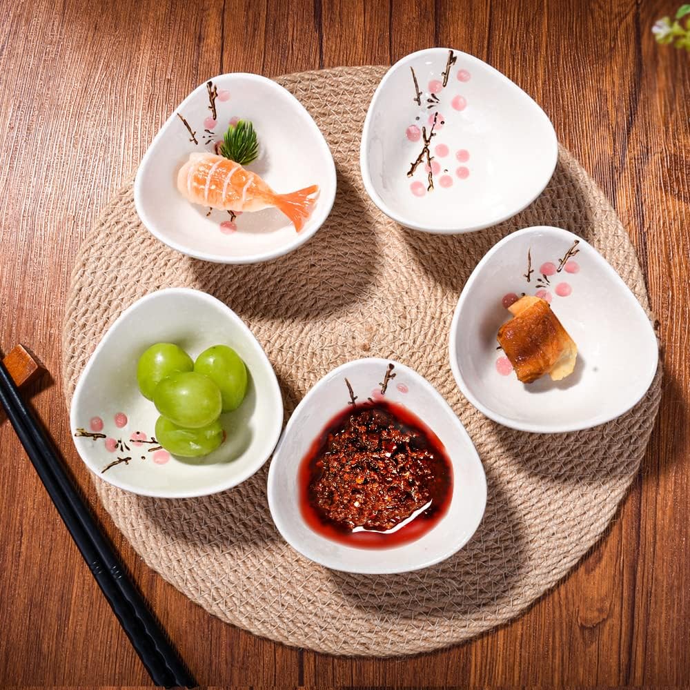 Dipping Sauce Bowls Set of 5 Japanese Soy Side Dishes, Asian Small Dipping Bowls Cups for Soy Sushi (Red)
