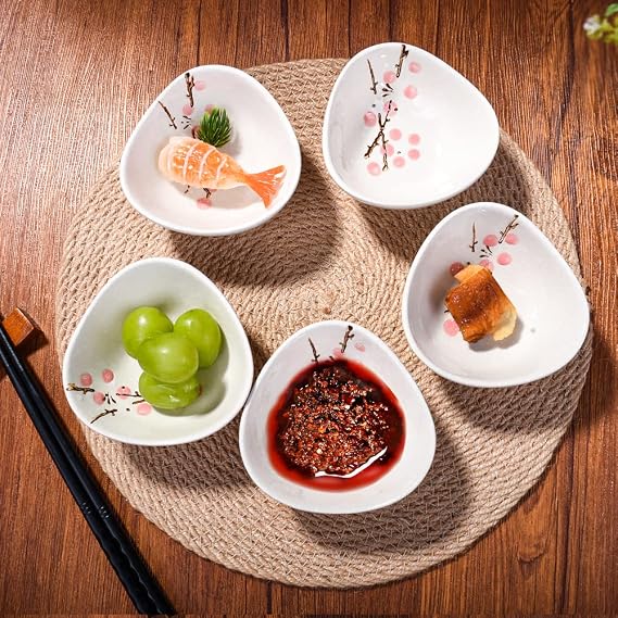 Ceramic Sauce Dish Set of 5, 3.66'' Triangular Plum Pattern Small Bowls