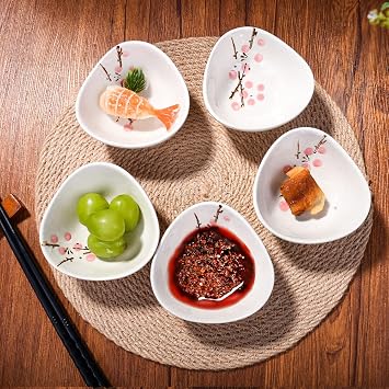 Ceramic Sauce Dish Set of 5, 3.66'' Triangular Plum Pattern Small Bowls