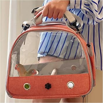 Bird Carrier, Birdcage, Parakeet, Portable, Can be used in Crossbody or Hand Held, Transparent Front and Rear Visibility Effect, Uses Mesh on Both Sides, Storage Space, Bottom Pad, Perch,