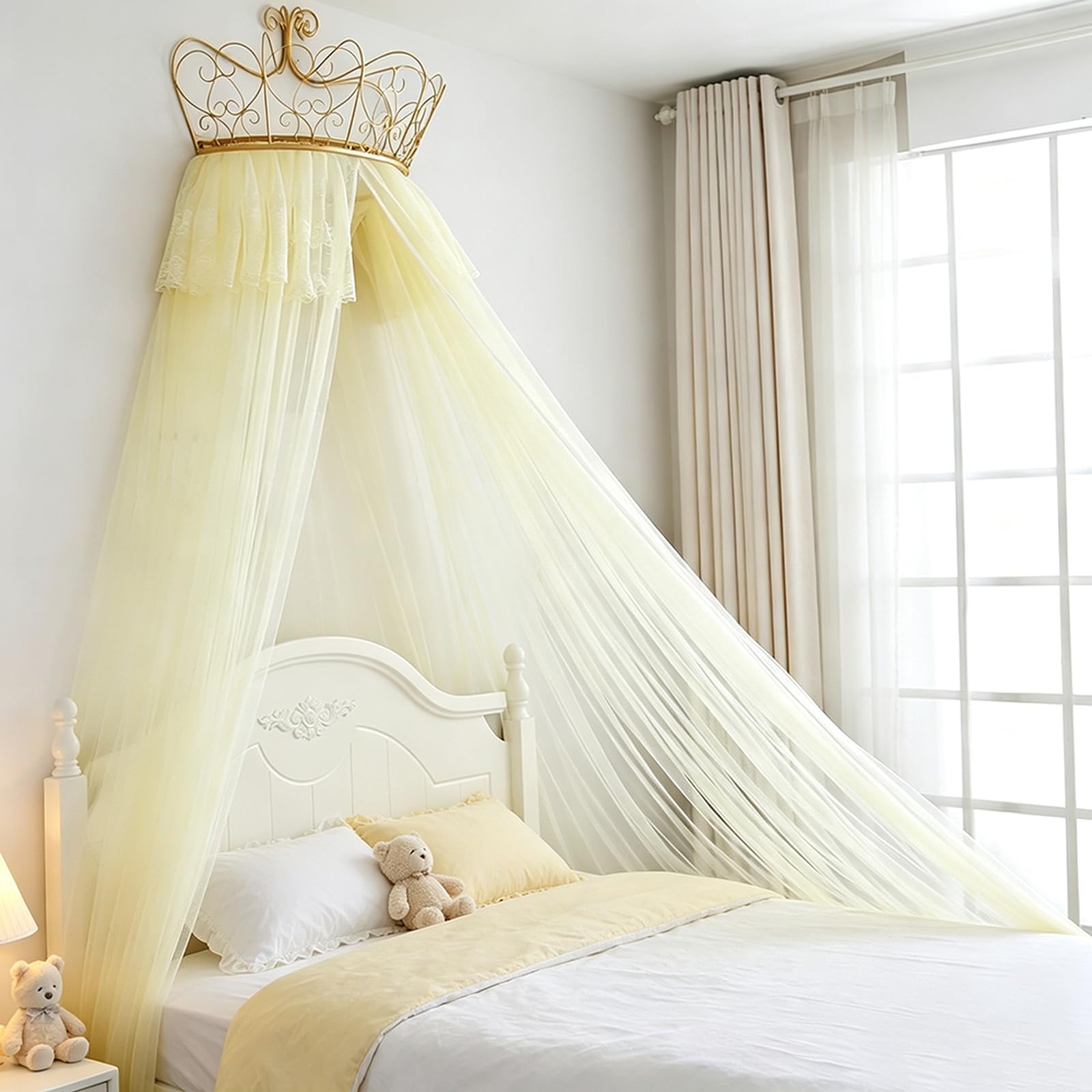 SDCGB Bed Canopy for Girls Room, Premium Bed Canopy Curtains with Metal Crown, Princess Tents Bed Canopy Valance, Yellow