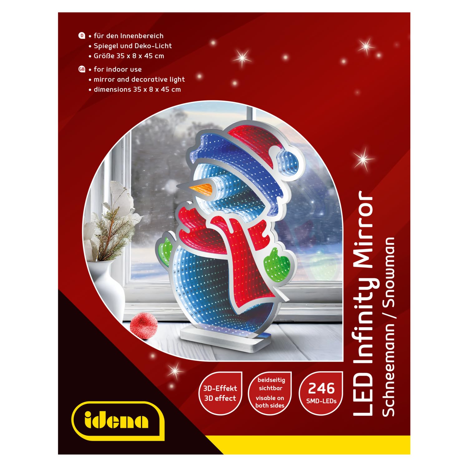 Idena 30552 - LED Infinity Mirror Father Christmas, ok. 35 x 8 x 45 cm, lampa dekoracyjna z 246 diodami LED SMD i efektem 3D, dekoracja świąteczna do wnętrz, z zasilaczem i kablem o długości 3 m