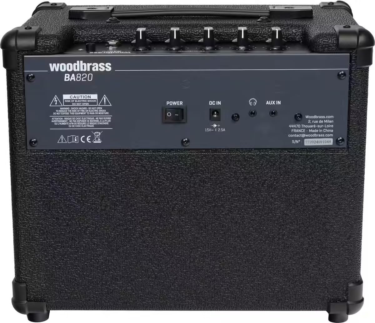 Woodbrass BA820 - Ampli Basse 20W Classe D, Compact & Léger, HP 6,5”, EQ 4 Bandes, Réception sans Fil, Entrée AUX & Sortie Casque, Idéal Débutants & Pratique à Domicile