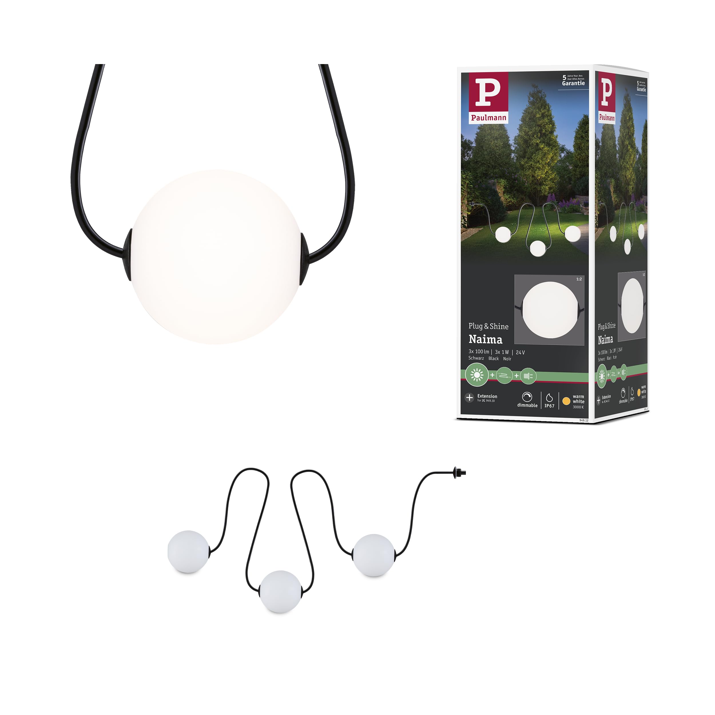 Paulmann 94912 Plug & Shine LED Lichterkette Naima Erweiterungsset IP67 3000K 3x1W 1,71m Schwarz