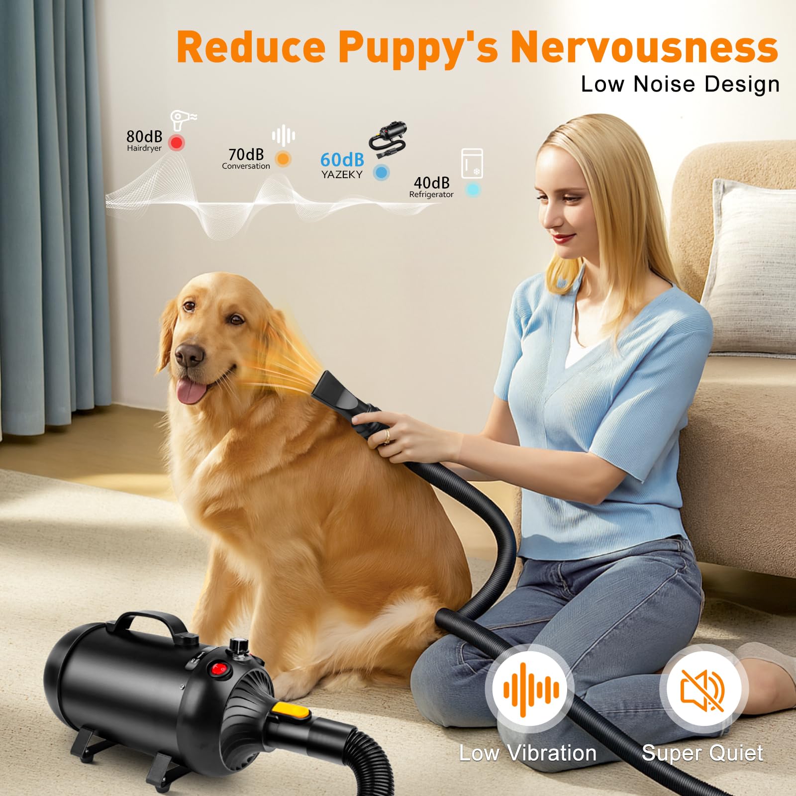 YAZEKY Soffiatore Professionale per Cani, soffiatore Silenzioso da 2800 W, soffiatore per Cani a Pelo Lungo, asciugacapelli per toelettatura Animali, velocità e Temperatura Regolabili con 4 ugelli