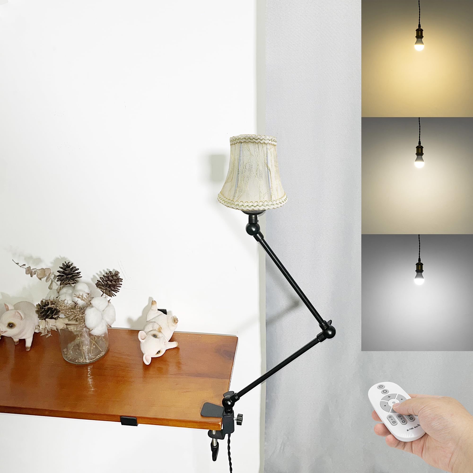 Klemmleuchte mit Fernsteuerung,1 Packung Leselampe mit 2,5 m Kabel, Dimmbar Nachttischlampe,Augenpflege Schreibtischlampe für Büro Heimgebrauch, E27 Lampenhalterung - DZ0330/8