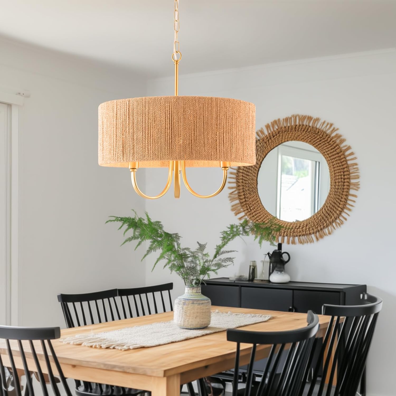 Maxax 17.7" Brass Gold Rattan Chandelier, 3-Light Boho Farmhouse Pendant Lighting with Rattan Shade, Rustic Boho Hanging Light fixtures for Dining Room, Living Room, Kitchen Island, ETL Listed