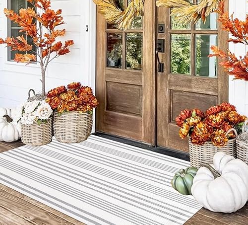 Miniatura 3 de BUAGETUP Alfombra de exterior gris y blanca de 3 x 5 pies, tejida a mano, lavable a mano, lavable a máquina, para interiores y exteriores, alfombra