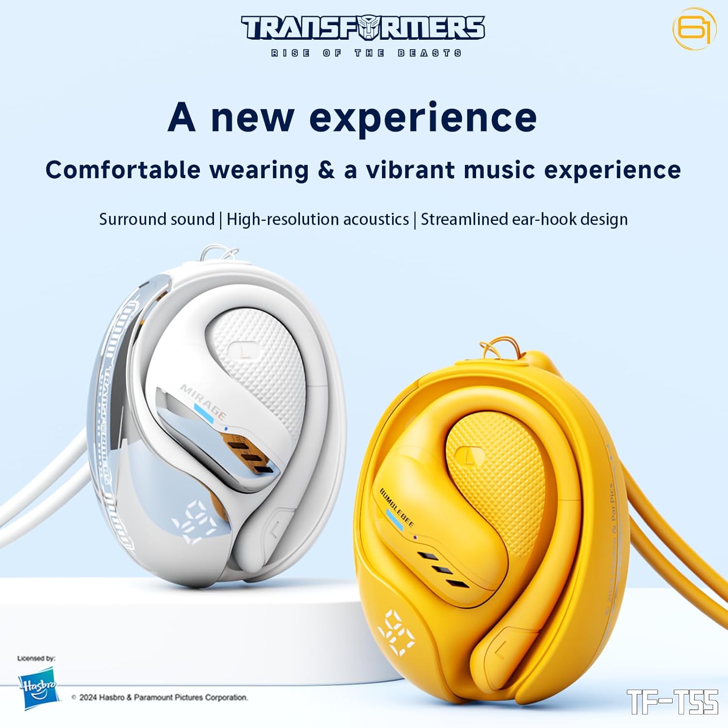 Transformers TF-T55 Open-Back Bluetooth Wireless Earbuds, Sleek Wing-Like Design Passive Noise Cancelling in-Ear Cool HiFi Calling Dual Modes Sports Earphones LED Display (Yellow - Bumblebee)