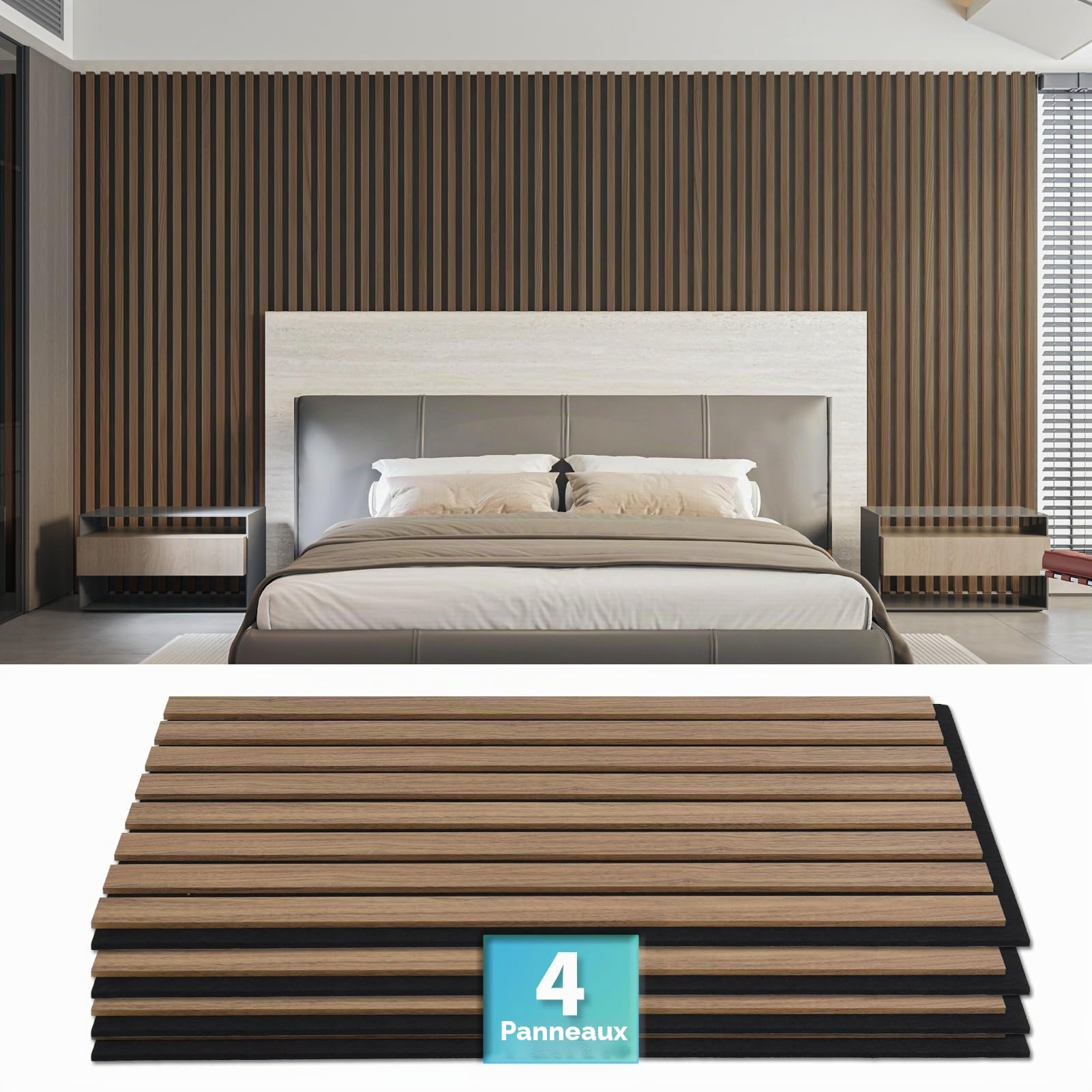 Art3d Lot de 4 panneaux muraux acoustiques à lattes en bois pour décoration d'intérieur, panneaux en bois cannelés 3D absorbant le bruit pour mur, plafond, cuisine, salon, chambre à coucher, bureau