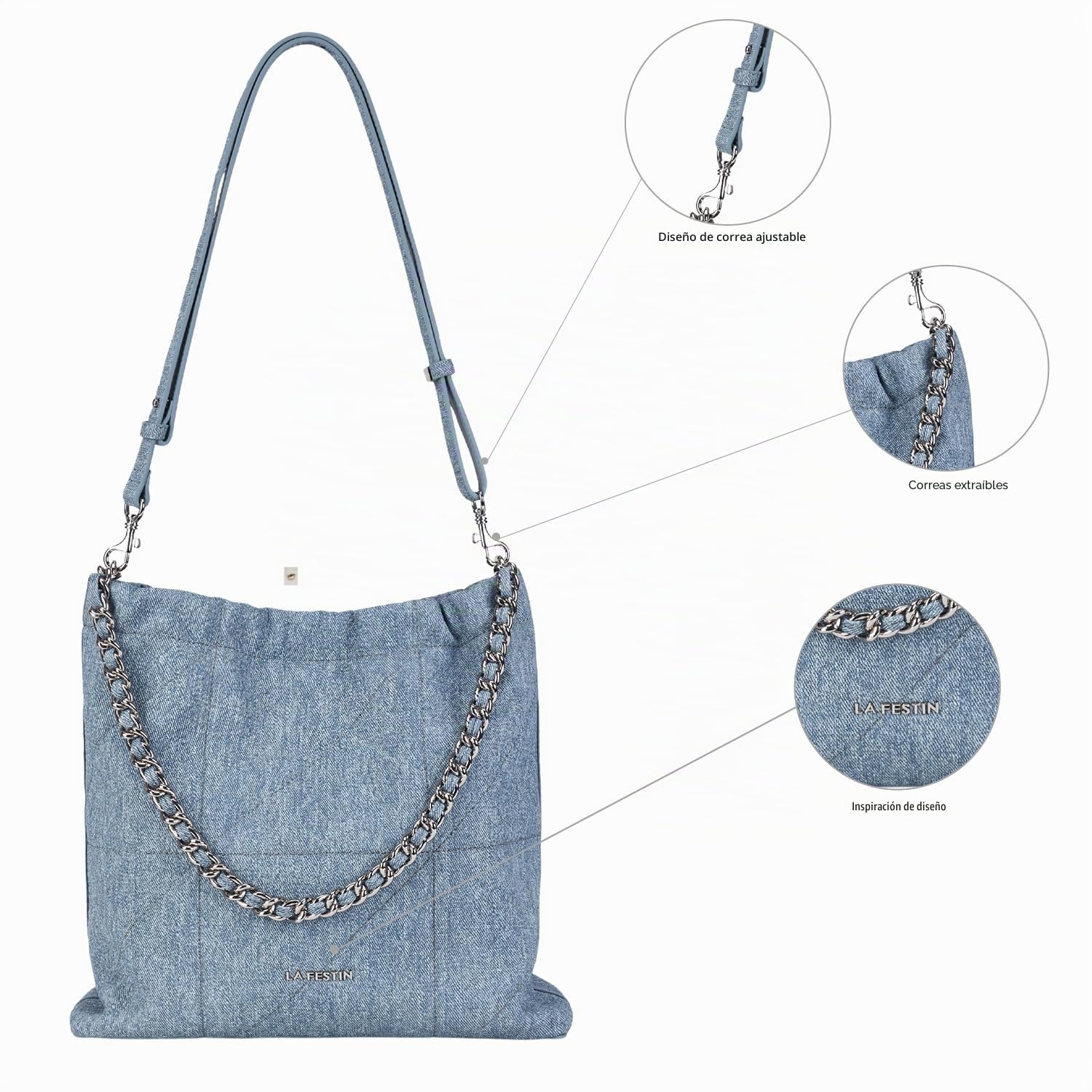 LA FESTIN - Bolso bandolera de piel dividida para mujer con correa ajustable, detalle de cadena, elegante bolso cruzado para mujer