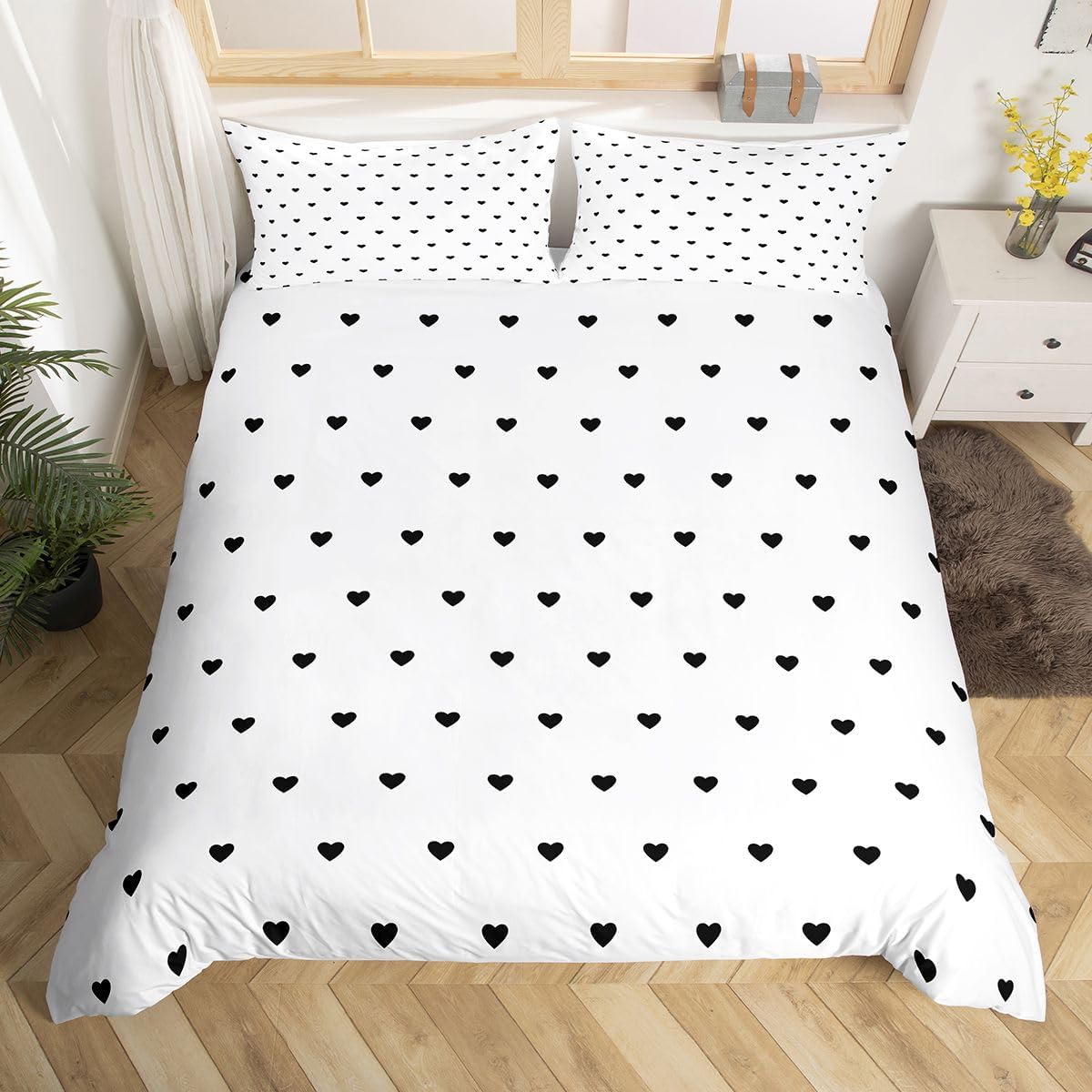 Erosebridal White Black Duvet Cover Cute Heart Pattern Bedding Set Girly Cartoon Love Geometric Comforter Cover Twin Size Cute Duvet Cover for Kids Girls Bedroom Decor Bedspread Cover