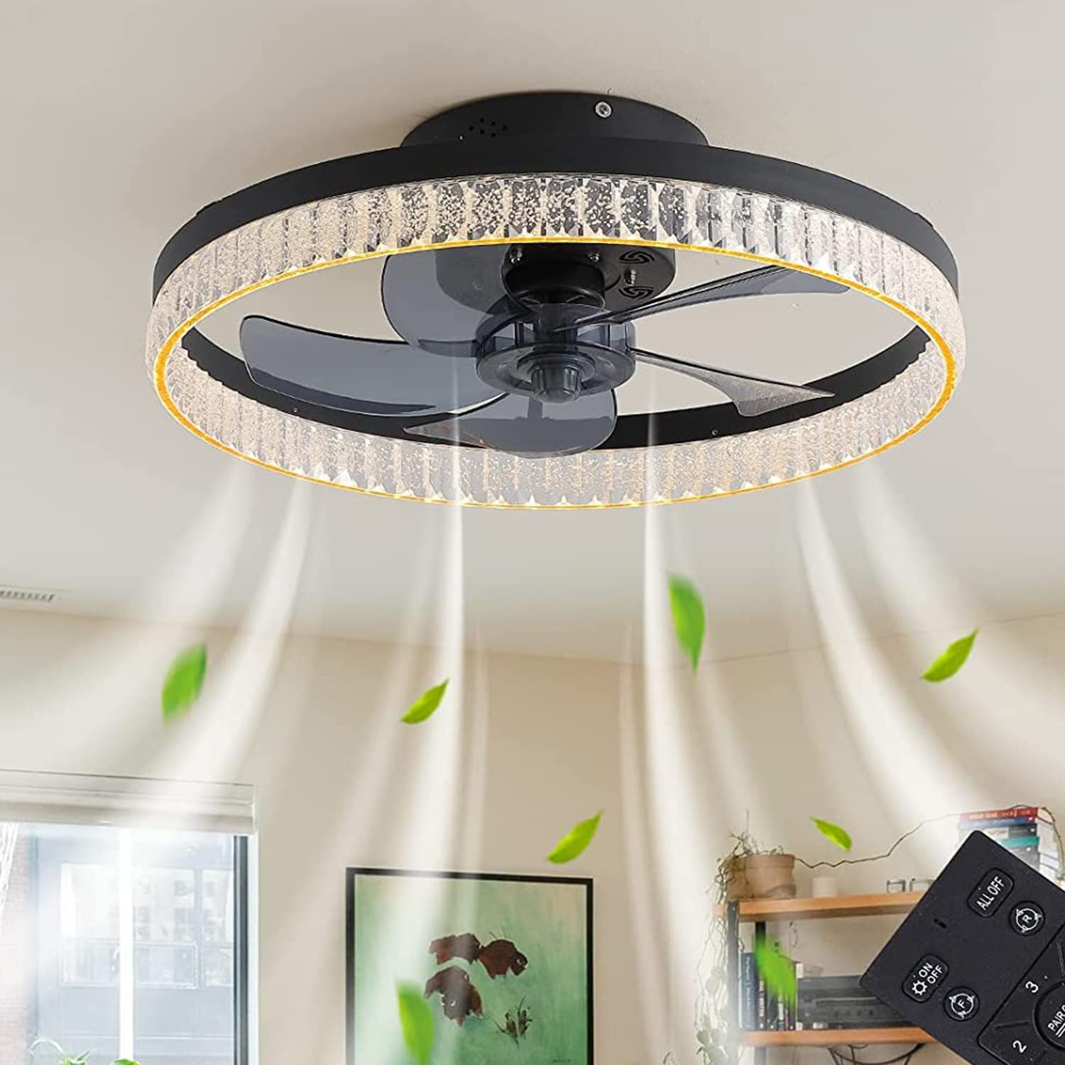 Low Profile Ceiling Fan with Light,19.7" Modern Crystal Flush Mount Ceiling Fan, 6 Speeds Dimmable 3 Color LED Timing Reversible With Remote Control For Living Bedroom, Enclosed Bladeless Ceiling Fan