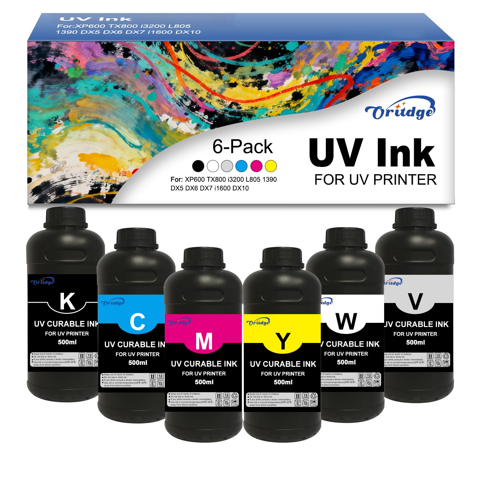 UV Hard Tinte, UV Hard Ink für Harte Materialien 500-ml Kompatibel mit XP600 TX800 i3200 i1600 L805 1390 DX4 DX5 DX6 DX7 DX10 Druckkopf Drucker für Acryl, Glas, Holz, Metall (CMYKWV)