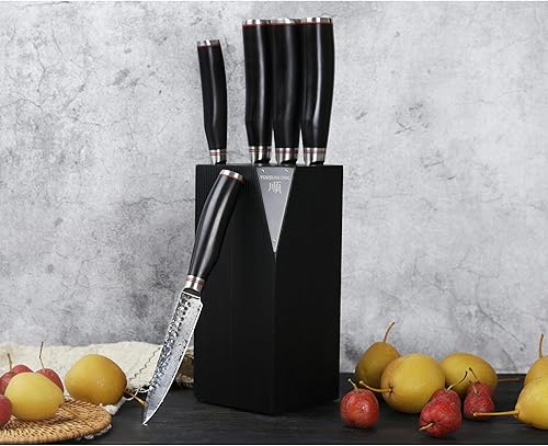 Miniatura 6 de YOUSUNLONG Juego de 5 cuchillos de cocina con soporte natural Fraxinus Americana hoja de acero de Damasco martillado japonés mango de ébano natural