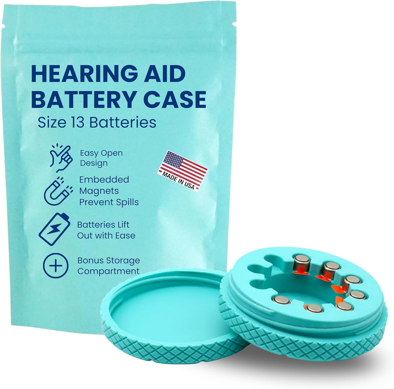 Hearing Aid Battery Case for Size 13 Batteries | Embedded Magnets for Secure and Easy Access | Custom Color Organizer | Slim Caddy for Pocket or Purse (Turquiose) (2 Pack)
