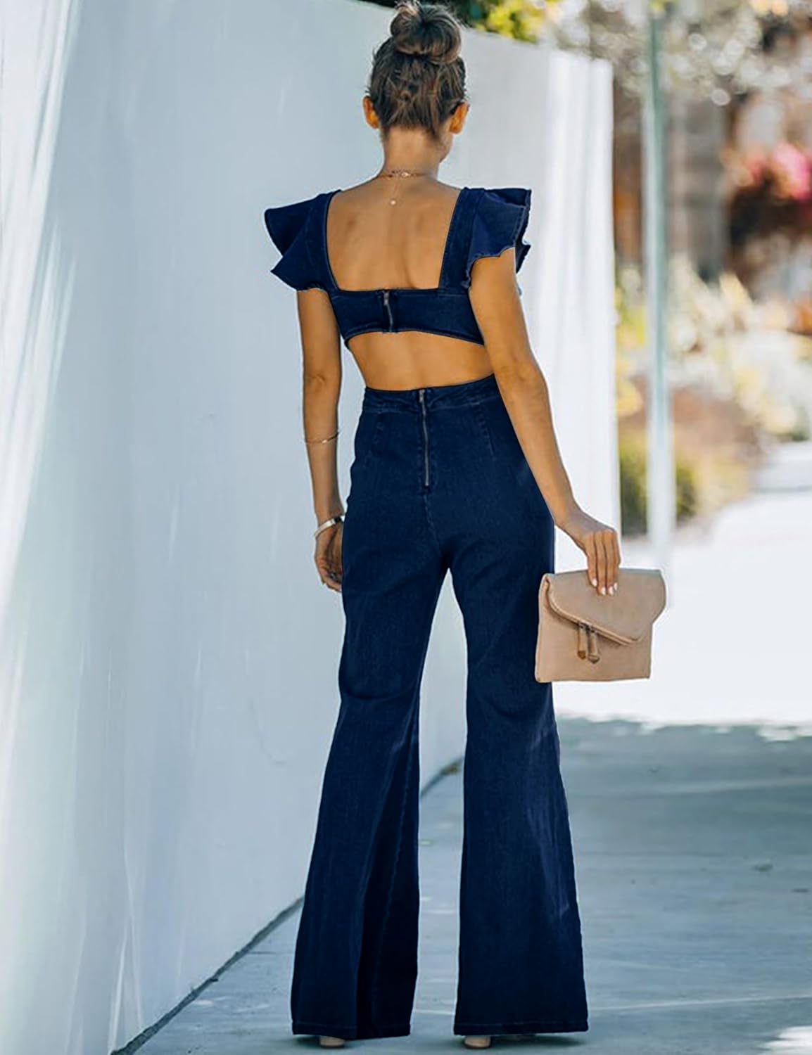 Omoone Womens Flared Denim Overalls Jumpsuit Ruffle Sleeves Backless Stretchy Blue Jean Romper - Image 5