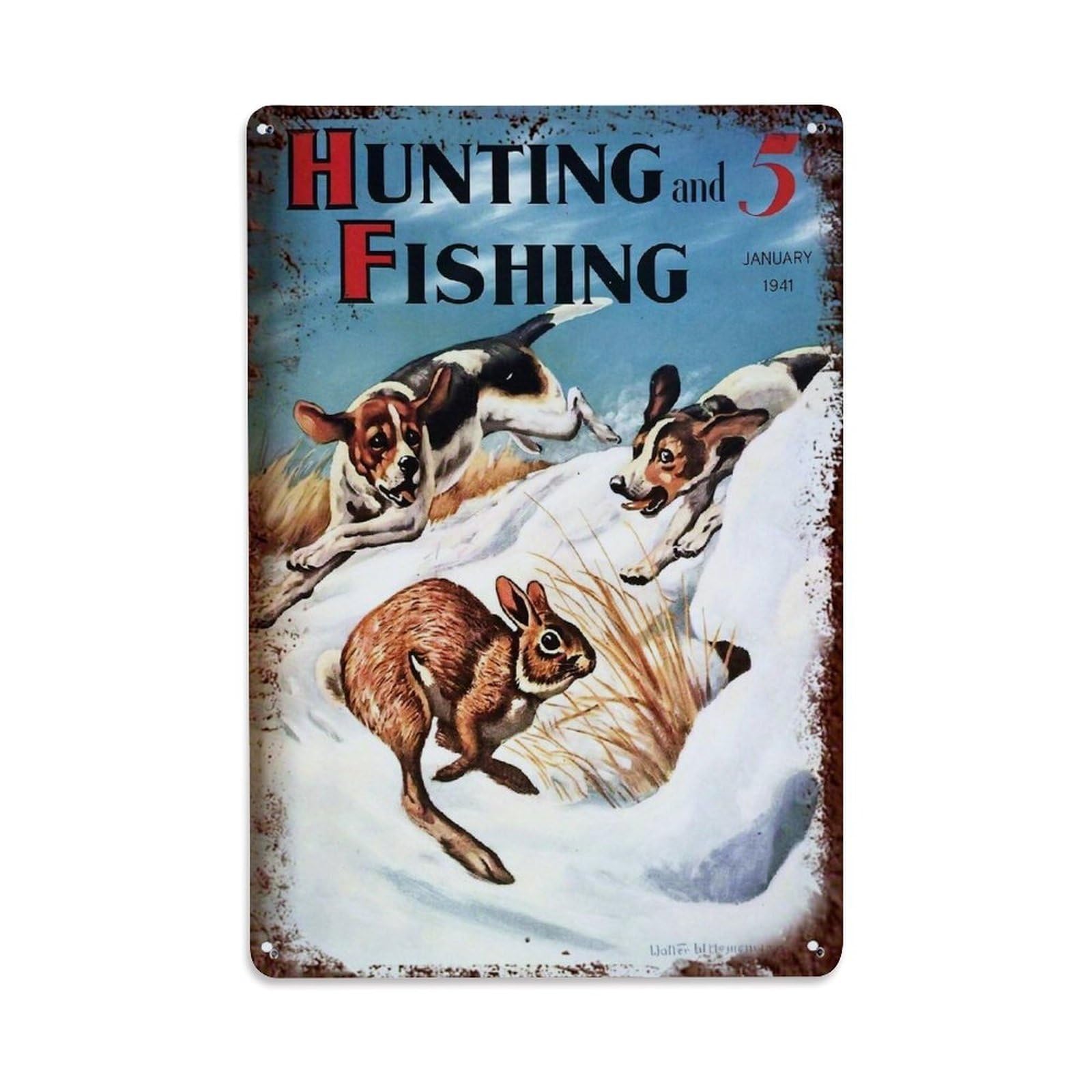Jdfenggu Vintage Hunting Dogs Chasing Rabbit Snow Retro Metal Tin Sign, Decor Art Poster For Bar, Home, Man Cave, Kitchen, Laundry Room Gift 8X12inch