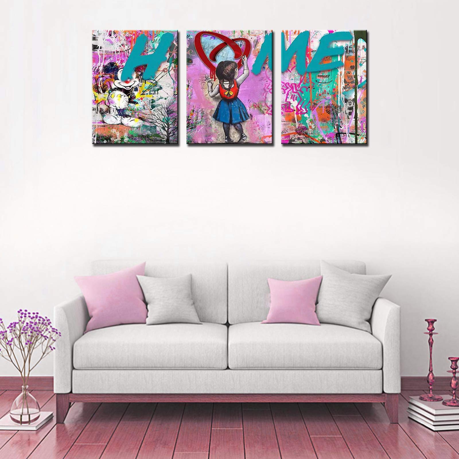 Walarky3 Pieces Graffiti Street Art Banksy Canvas Wall Art for Living Room Decor Lovely Girl Picture Print Pop Art Kitchen Wall Decor Abstract Artwork Home Decor Room Wall Pictures Framed 42x20 Inch - Image 3