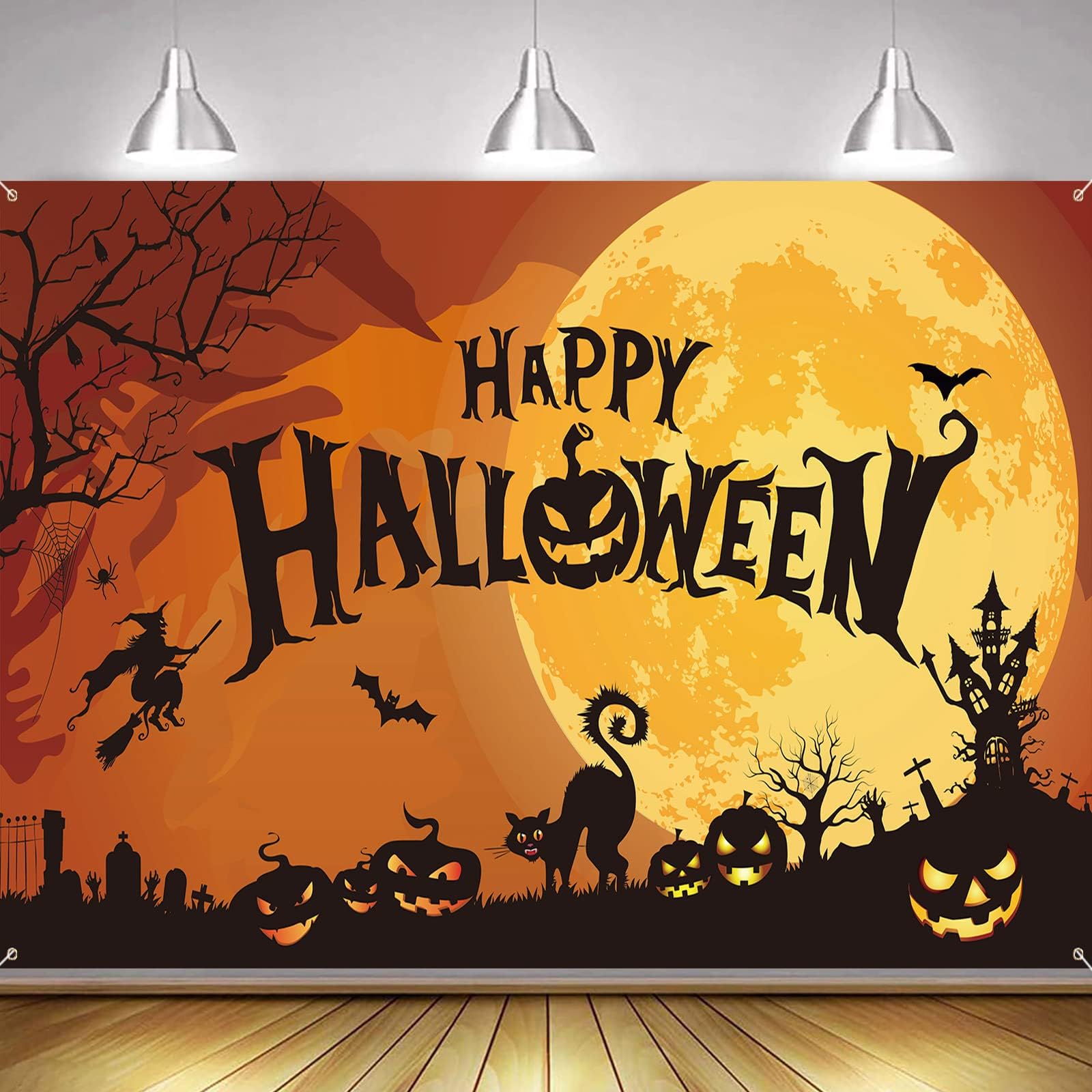 Extra Large Full Moon Happy Halloween Banner, Party Decor Photo Booth Sign Backdrop for Indoor Outdoor Home Garden