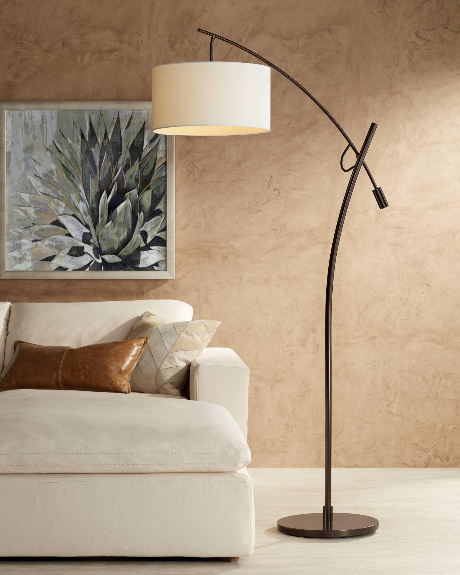 Possini Euro Design Raymond Modern Arc Floor Lamp with USB Charging Port 69" Tall Bronze Metal Off-White Linen Drum Shade Adjustable Boom Arm for