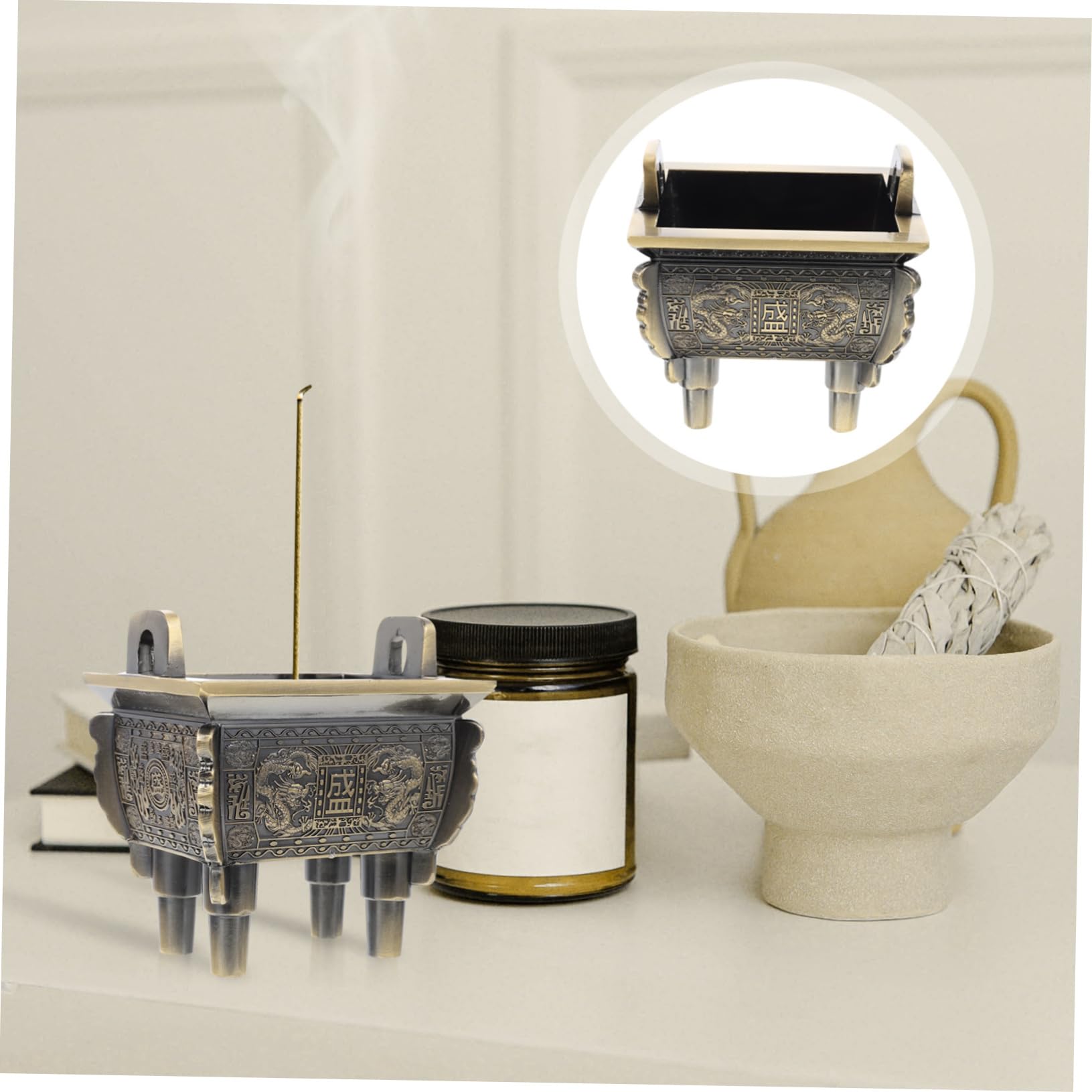 Cabilock Bruciatore per Incenso Quadrato in Lega di Zinco Oro Aspetto Retrò Elegante, Purifica L'aria per Decorazione Casa e Meditazione