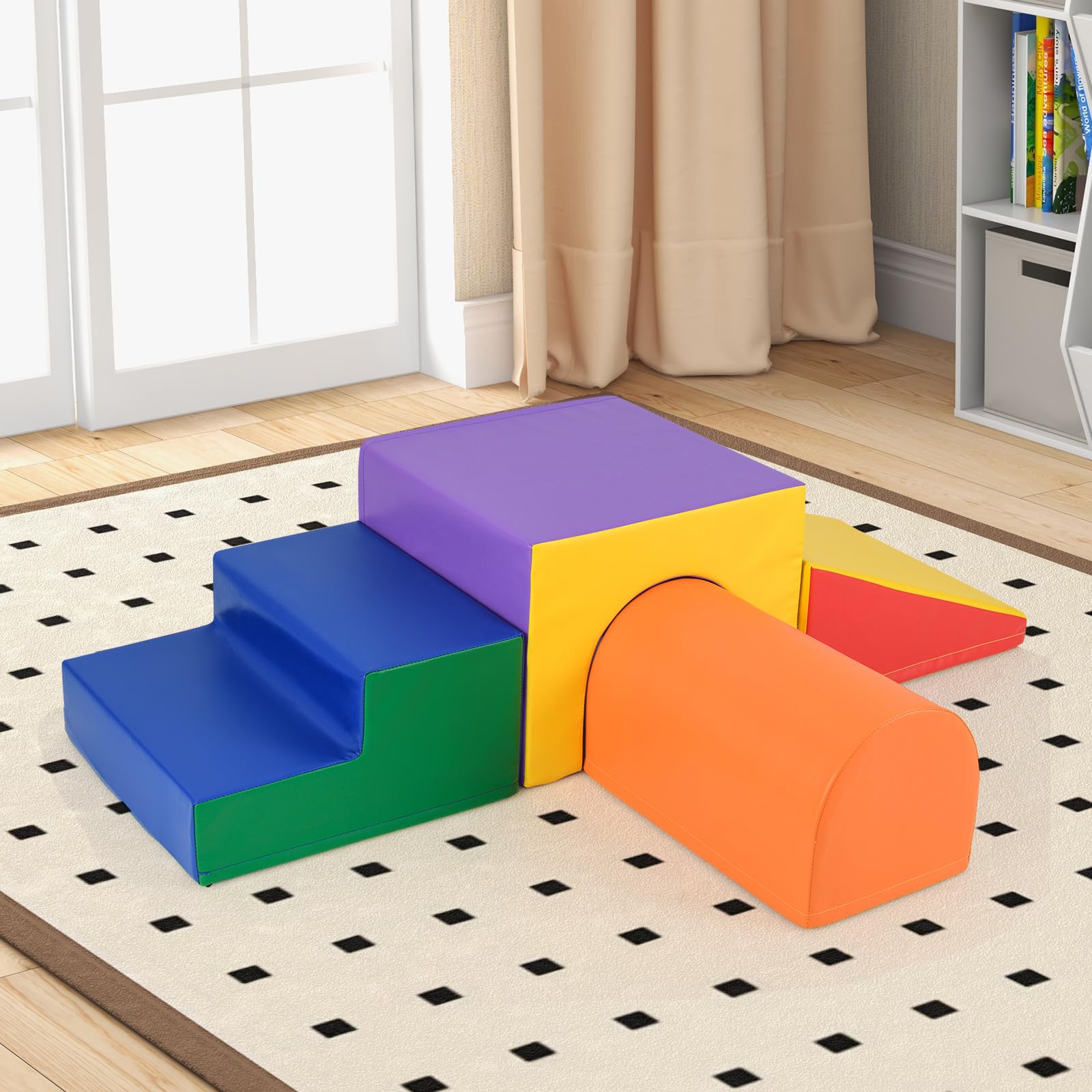 GOPLUS 4 PCS Parcours Motricité Bébé, Module Motricité en Mousse, PU+EPE Haute Densité, Attaches Auto-Agrippantes, Jouets Montessori Convient pour 3 Ans+ (Bleu+Orange)