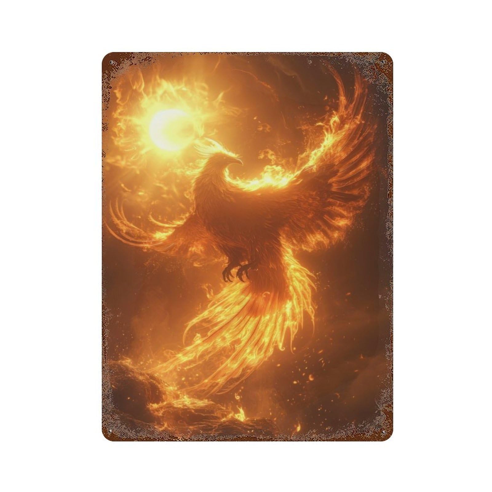 Rusty Metal Tin Sign with Phoenix And Sun Design 15.7"x11.8", for Garage, Bar And Workshop Decor, Decorative Metal Wall Art