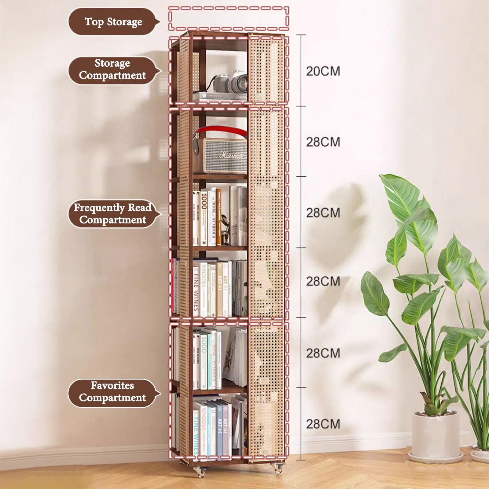 Amazon｜籐製回転式本棚 5段 360° 絵本棚 大容量 ミック収納棚 車輪と