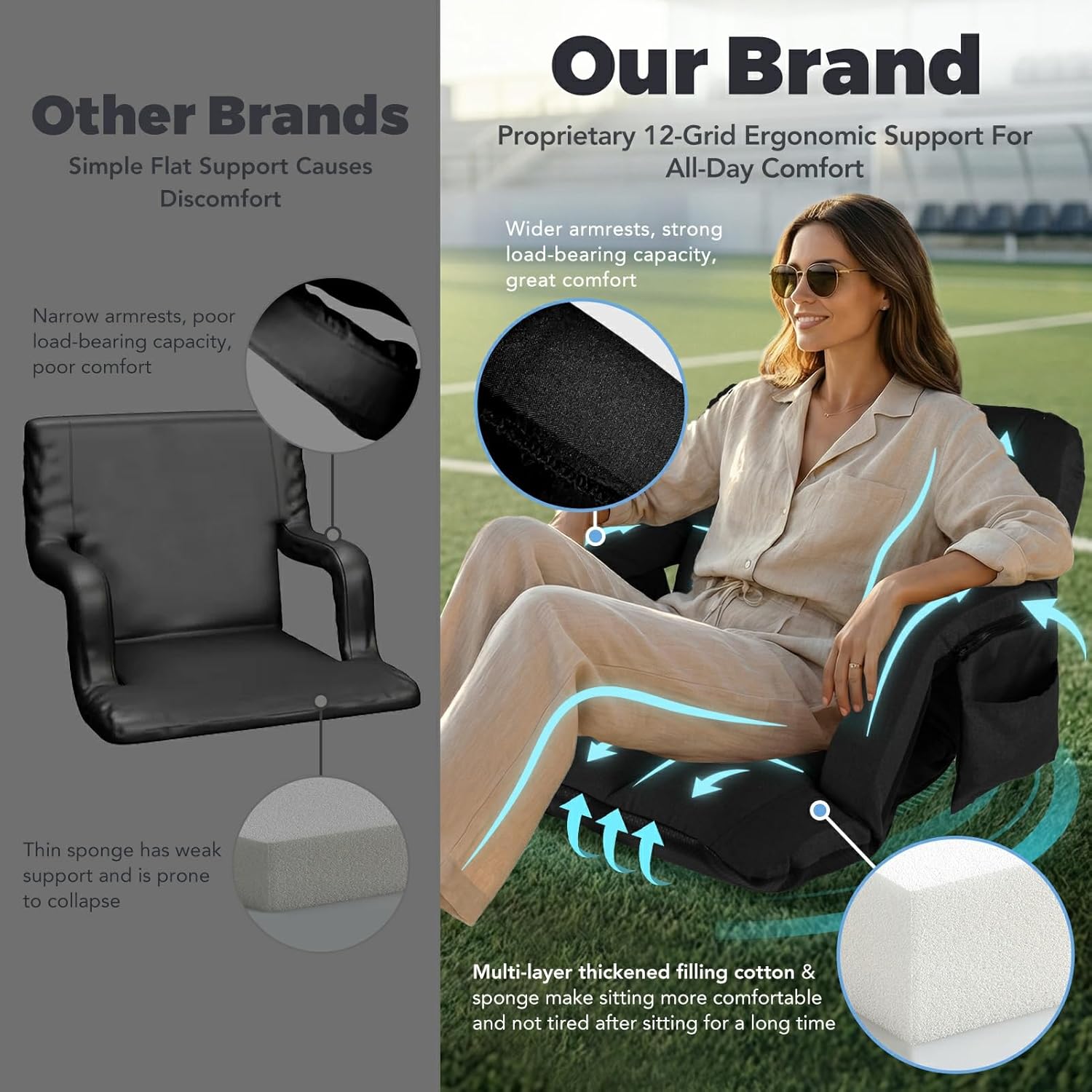 Stadium Seats with Back Support Wide, 4.7" Padded Bleacher Seat, 6-Position Reclining Bleacher Chairs with Back and Cushion, Sofa Style Ergonomic Design for Sports Games Baseball Football (25"Black)