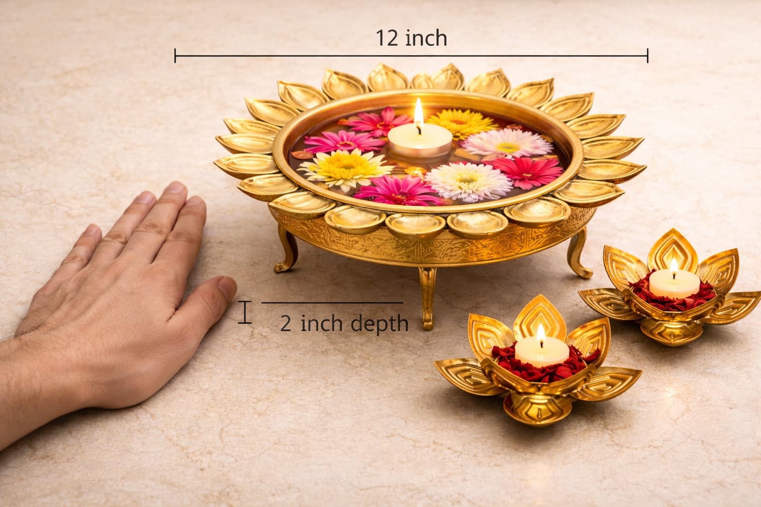 Large 12 Inch Metal Urli Bowl with Lotus Tealight Holders | Traditional Diwali & Hindu Festival Floor Decor for Home, Pooja | Floating Flower & Candle Urli for Ganesh Chaturthi, Navratri & Gifting 3