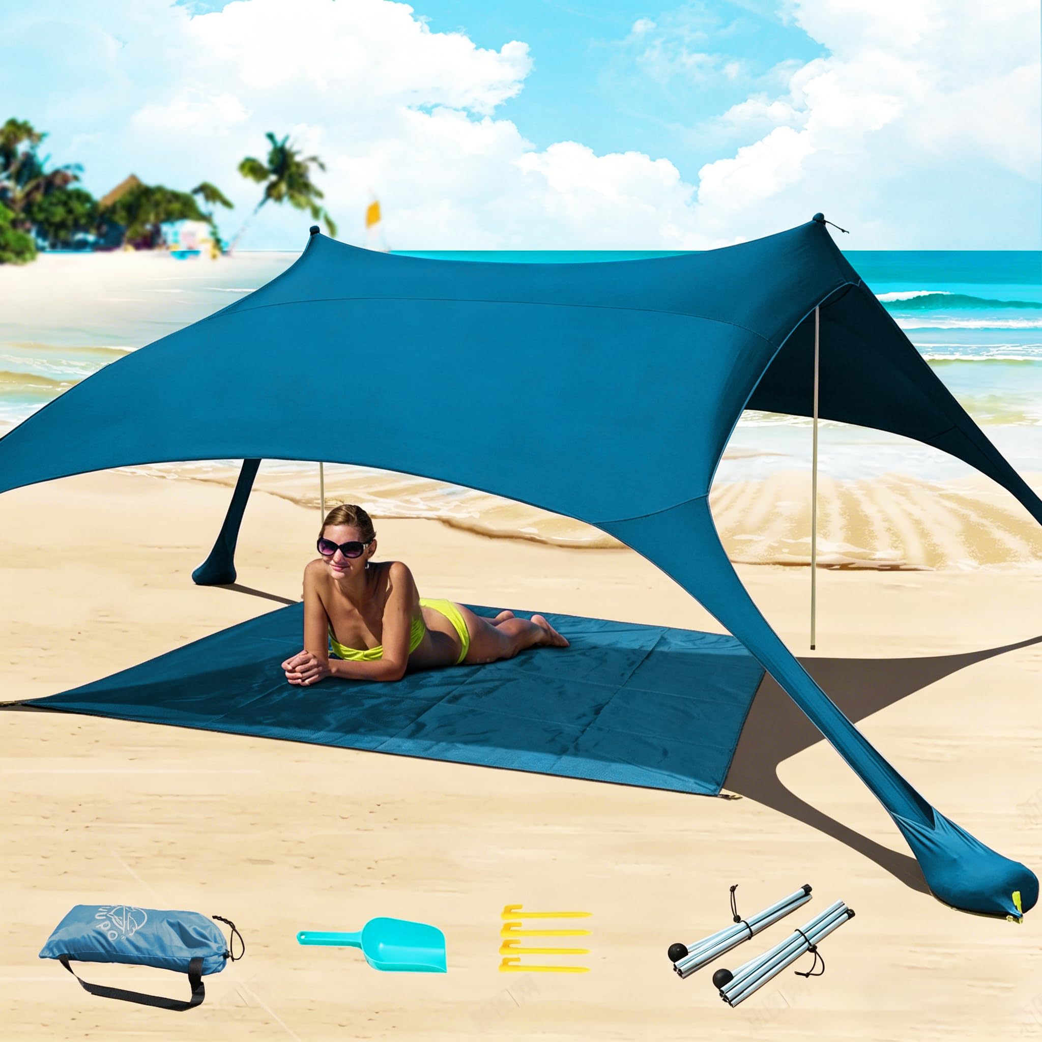 Cuupo Beach Tent Pop Up 2x2.1m UPF 50 Lycra Sun Protection Outdoor Anti-Wind Sun Protection with Stability Poles Backyard with Beach Blanket Petrol Blue