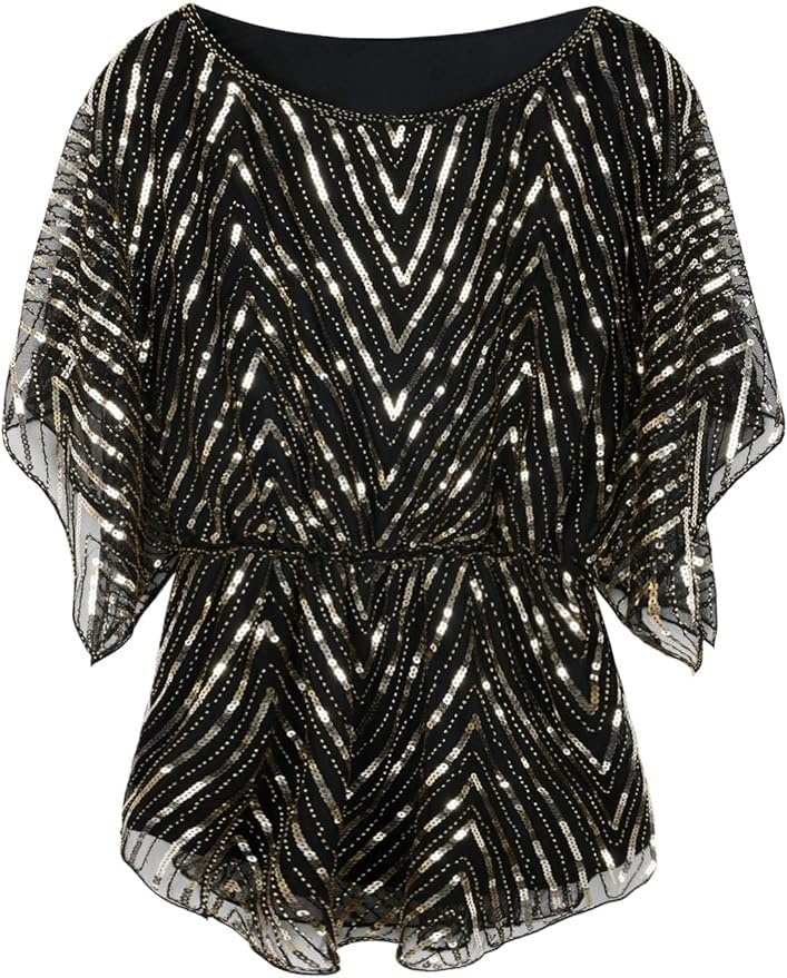 PrettyGuideWomen's Sequin Blouse Tops Sparkly Beaded Evening Formal Party Dressy Tops