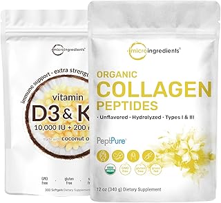 Micro Ingredients Vitamin D3 10000 iu + K2 200 mcg Coconut Oil Softgels & Organic Collagen Peptides Powder Bundle 2 Pack |...