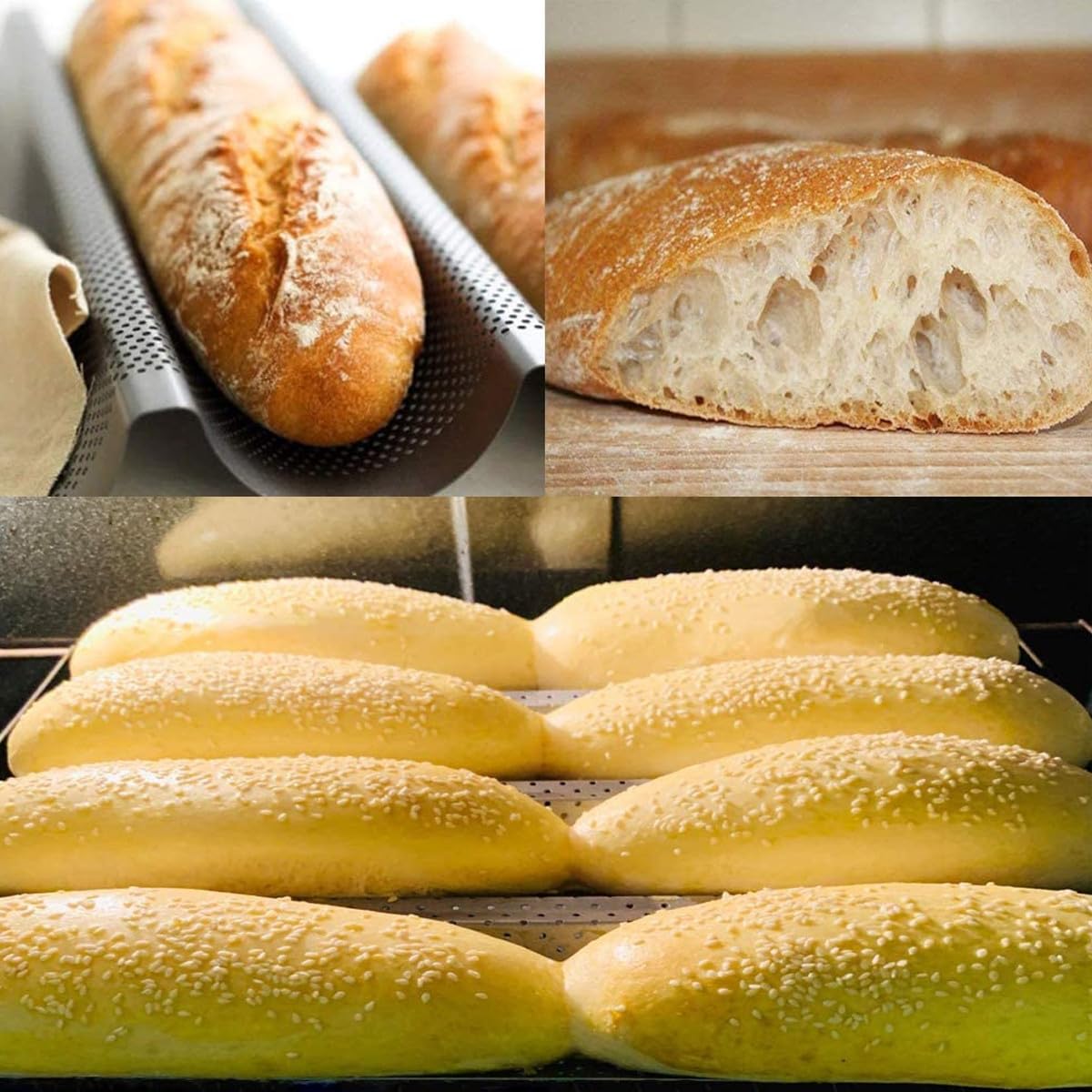Plaque à Baguettes 2 Moules, Moule Pain Français Perforé et Antiadhésif, Gouttière de Cuisson Vague pour Mini Baguette Maison, Accessoire de Boulangerie Noir Tôle Acier