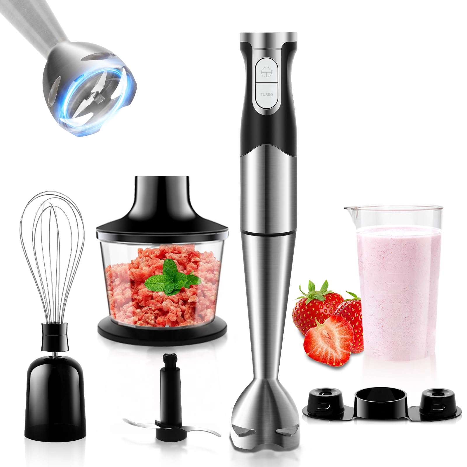 Frullatore a Immersione 1200W 6 in 1 con 2 Velocità e Acciaio Inox 304