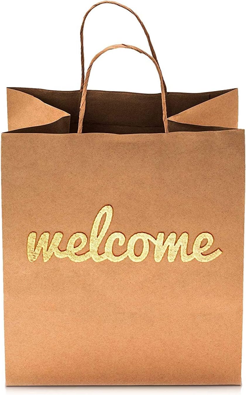 Merry Expressions Welcome Bags - 25 Pack - Luxury 180gsm Thick Durable - Double Sided Gold Foil - 10.5" x 8.25" - For Weddings, Hotels, Guests, Bridesmaids, Baby Showers, Birthday & Party Favors