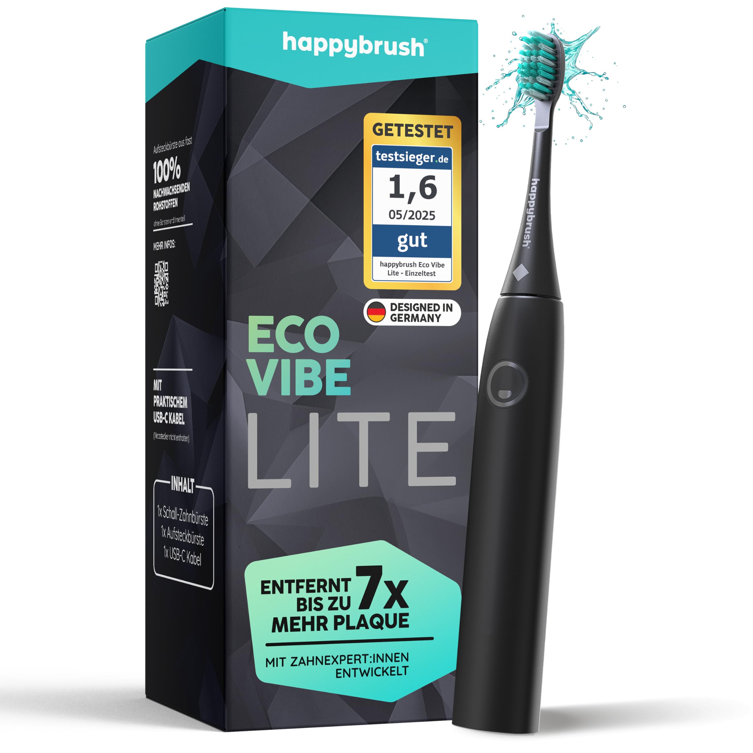 happybrush® Schallzahnbürste Eco Vibe LITE – TESTSIEGER – 100 Tage testen - Elektrische Zahnbürste mit 8 Wochen Power Akku – Ultraschall Zahnbürsten – 2 Jahre Garantie - AllBlack