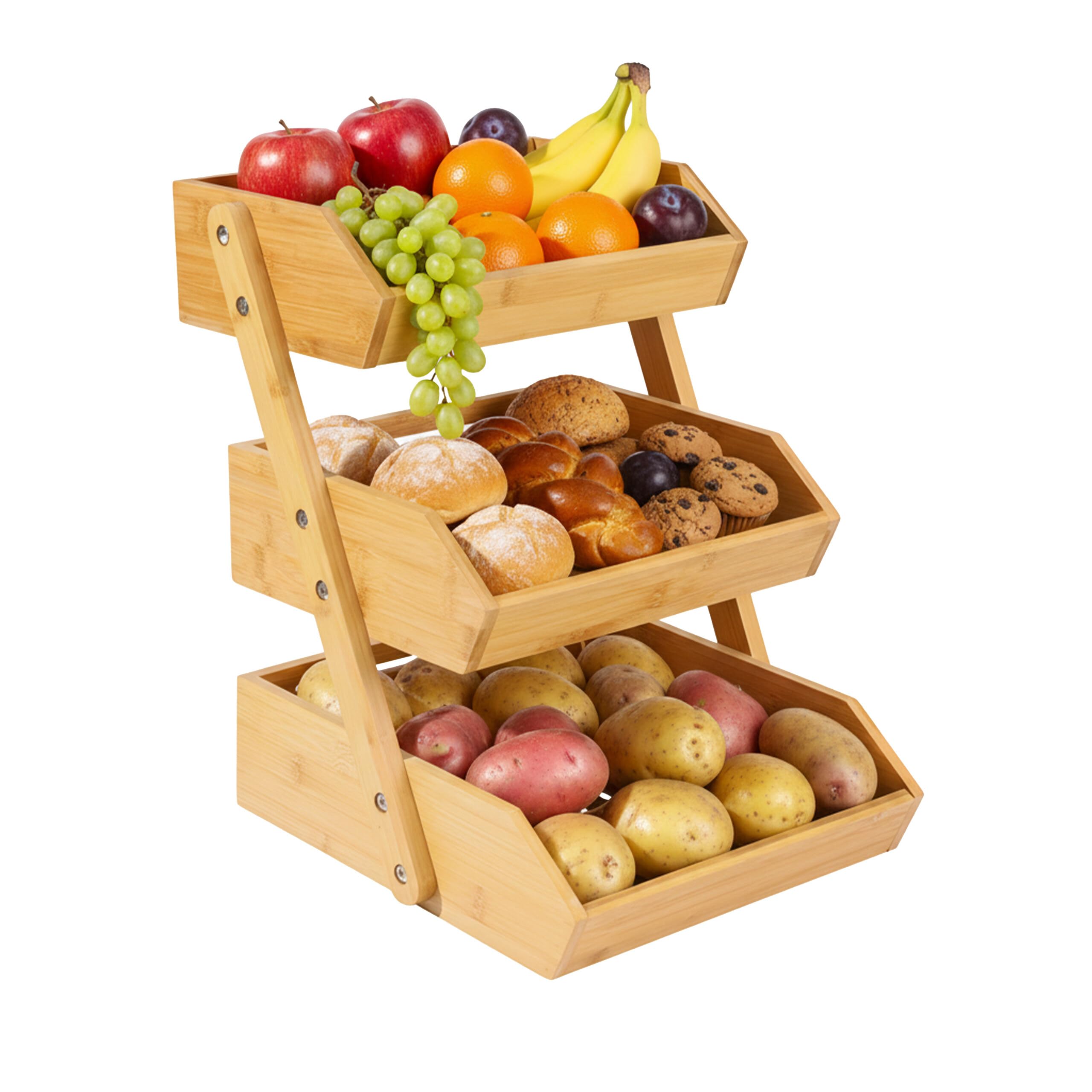Relaxdays Étagère à fruits en bambou, 3 niveaux, H x L x P 41 x 33 x 30 cm, support pour fruits, légumes et pâtisseries.