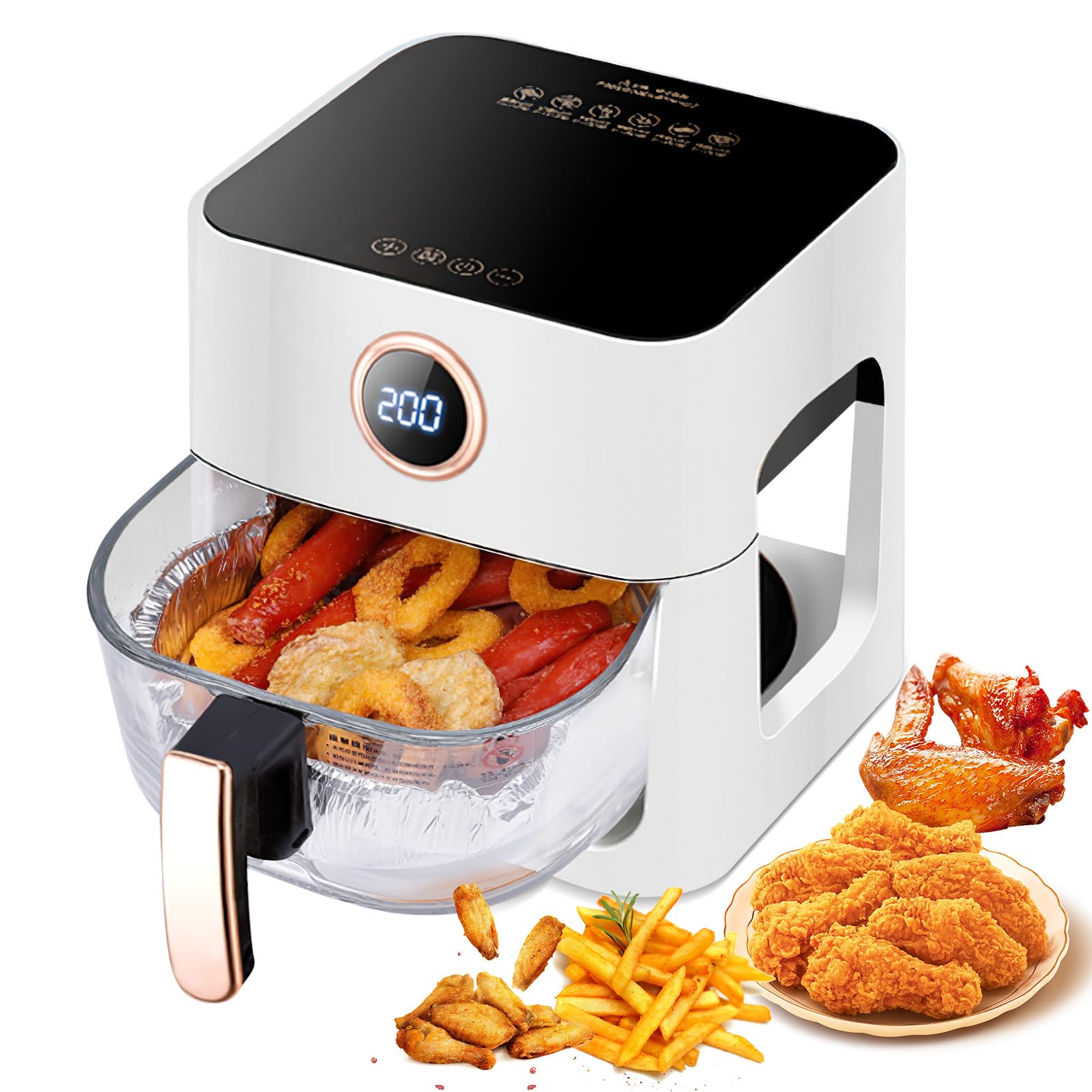 Freidora de aire caliente 5L, 1300W Freidora de aire con ventana de visión de 360°, control de tiempo y tempertura, pantalla táctil, extraíble, 6 funciones de cocción, sin BPA