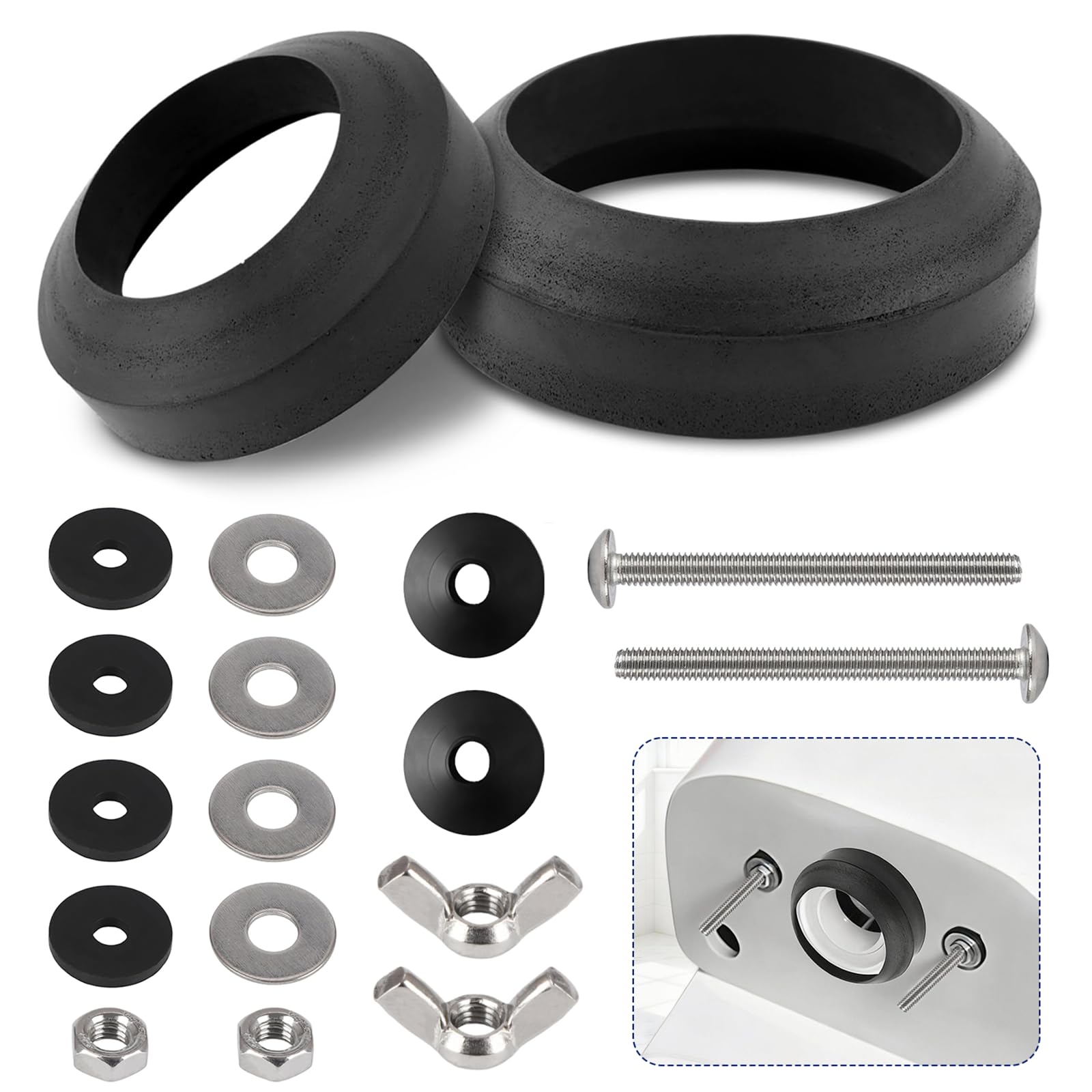Kit universal de juntas y pernos de tanque de inodoro a tazón, 2 juntas de tamaño (2 y 3 pulgadas) y 2 juegos de pernos inoxidables de acero inoxidable de 5/16 x 3.15 pulgadas, kit completo de